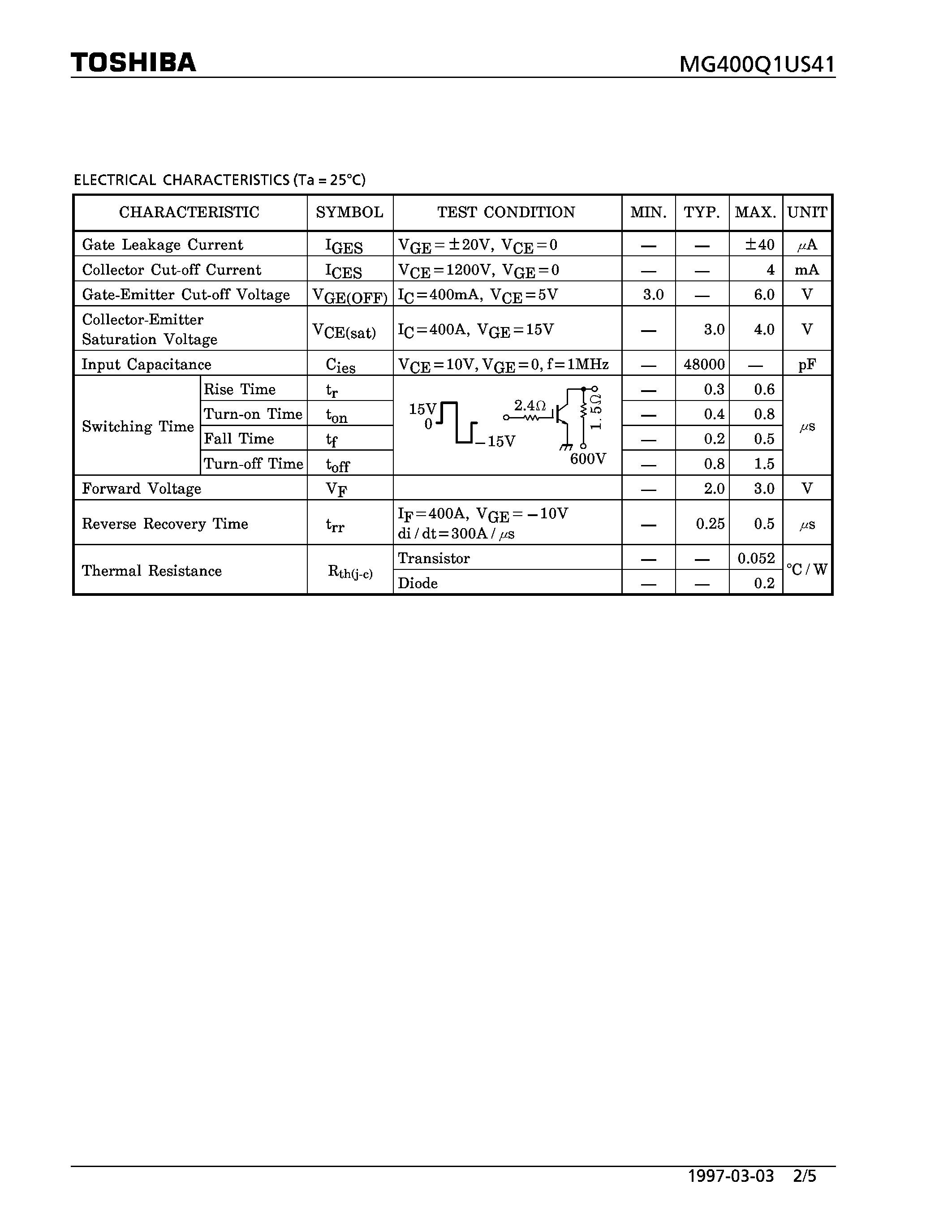 Datasheet MG400Q1US41 - N CHANNEL IGBT (HIGH POWER SWITCHING / MOTOR CONTROL APPLICATIONS) page 2