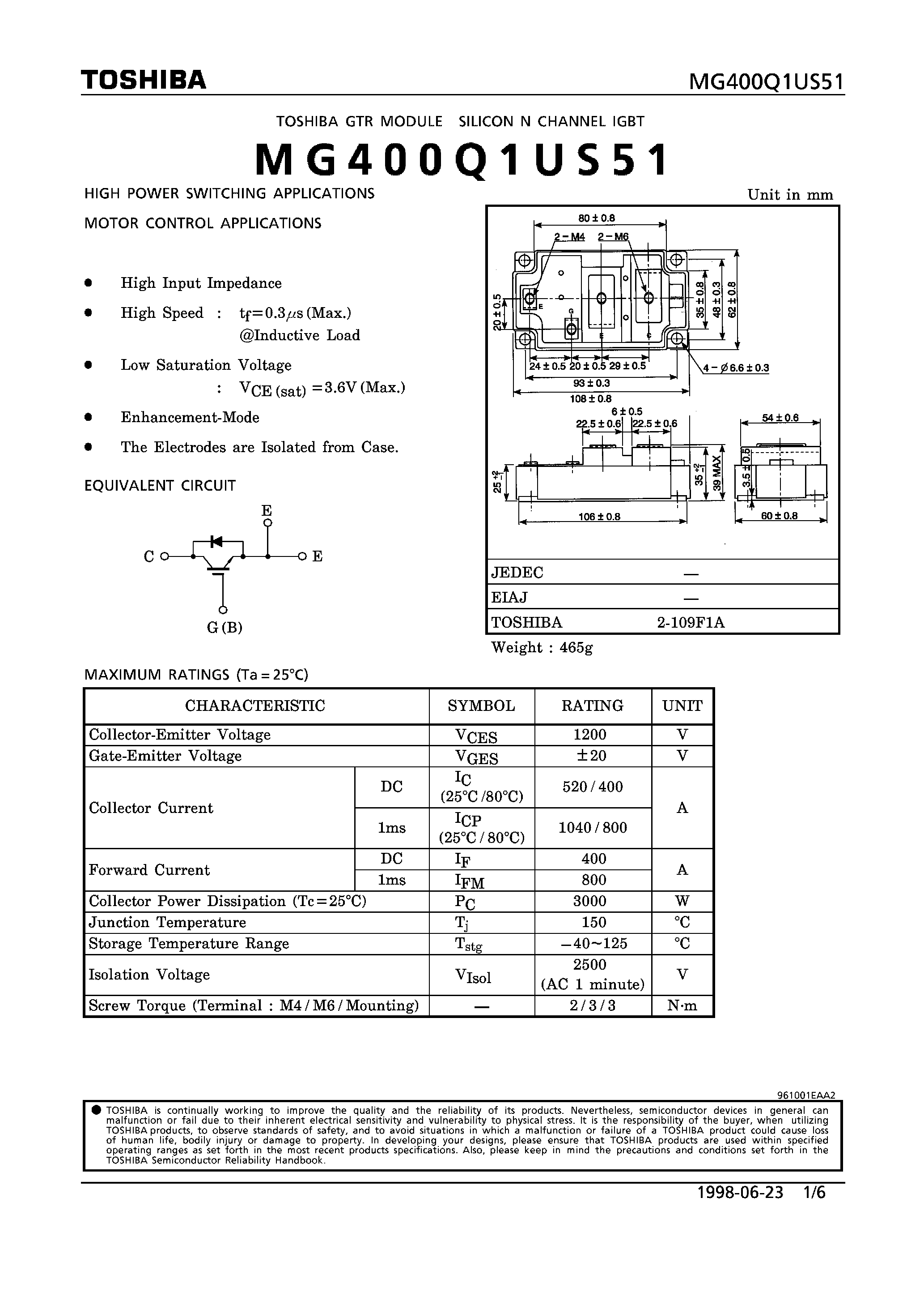 Datasheet MG400Q1US51 - N CHANNEL IGBT (HIGH POWER SWITCHING / MOTOR CONTROL APPLICATIONS) page 1