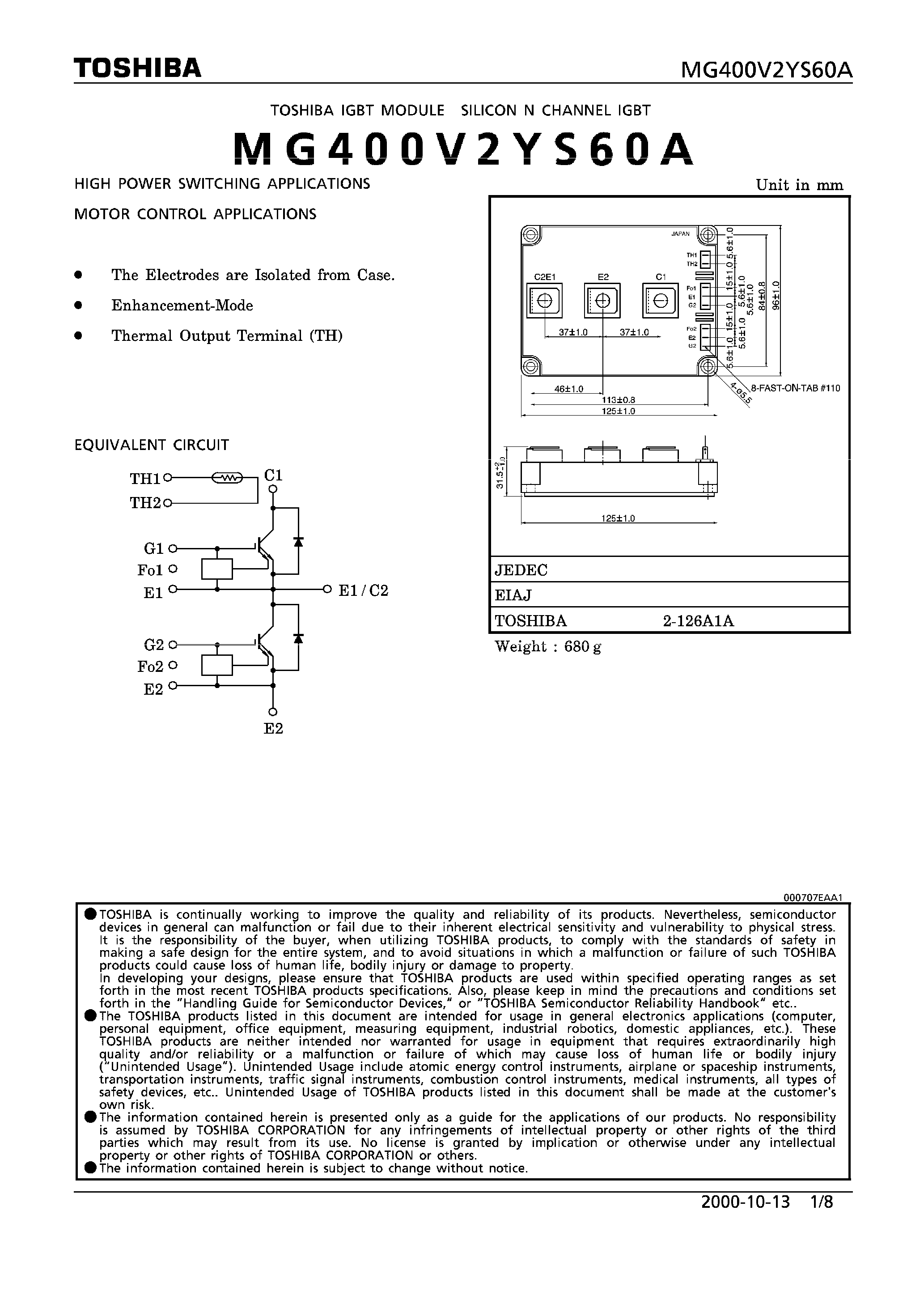 Datasheet MG400V2YS60A - LGBT MODULE SILICON N CHANNEL LGBT page 1
