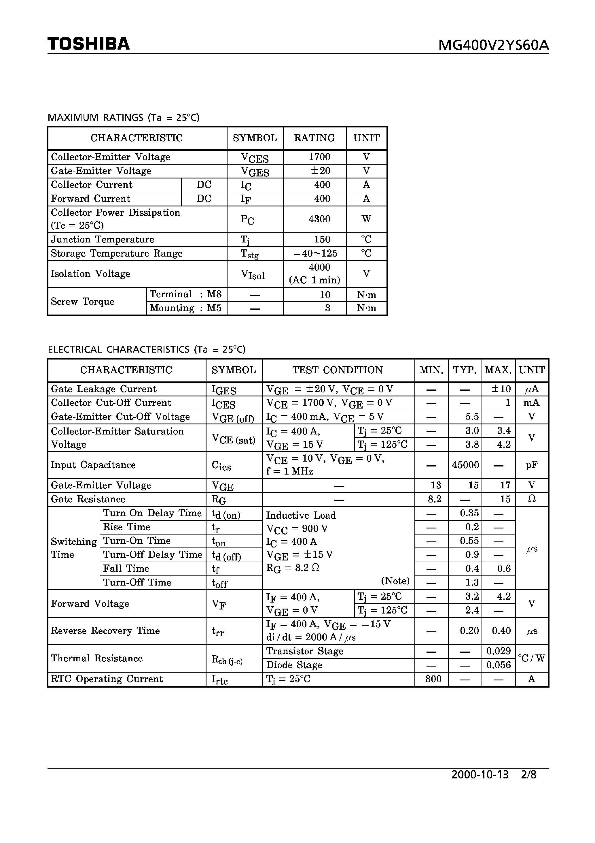 Datasheet MG400V2YS60A - LGBT MODULE SILICON N CHANNEL LGBT page 2