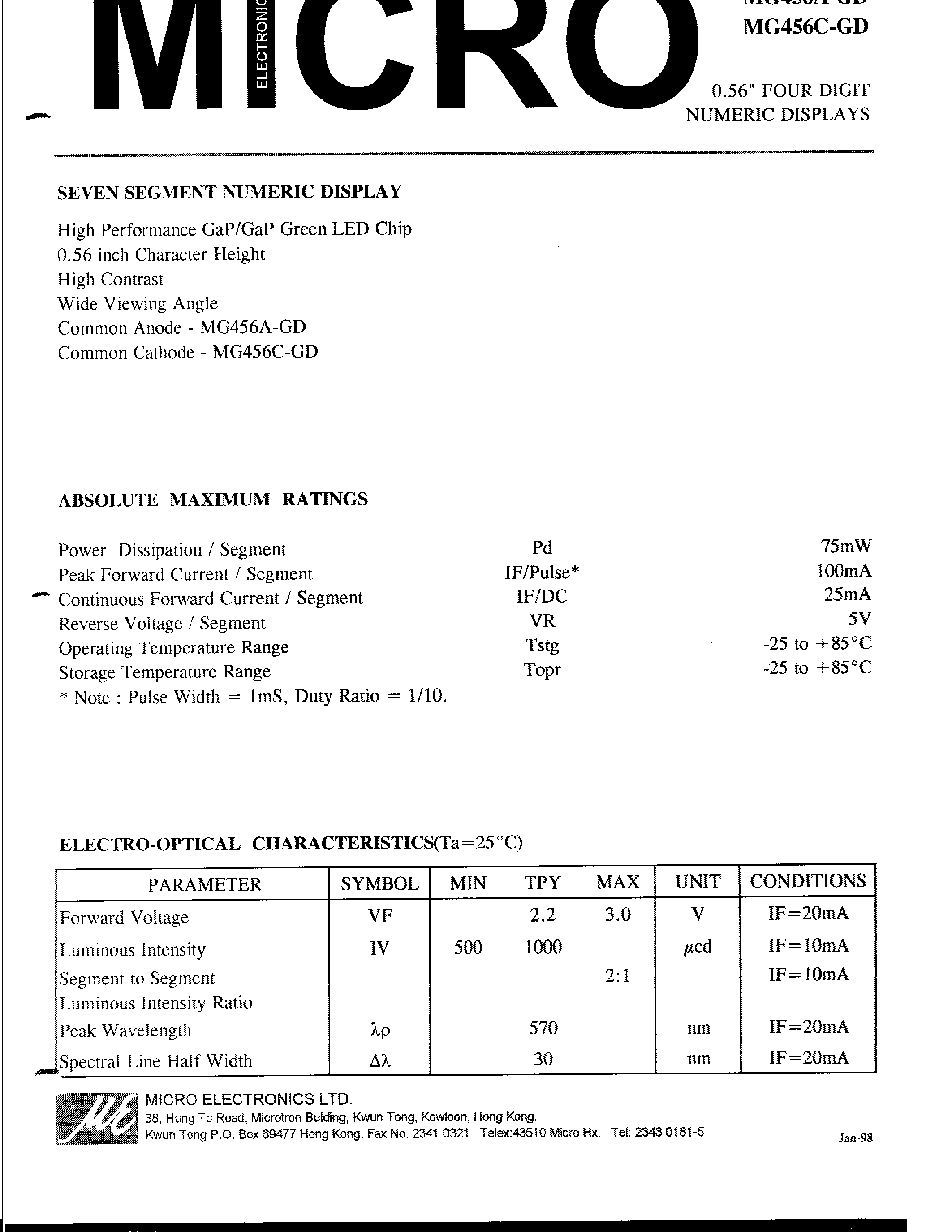 Datasheet MG456A - 0.56 FOUR DIGIT NUMERIC DISPLAYS page 1