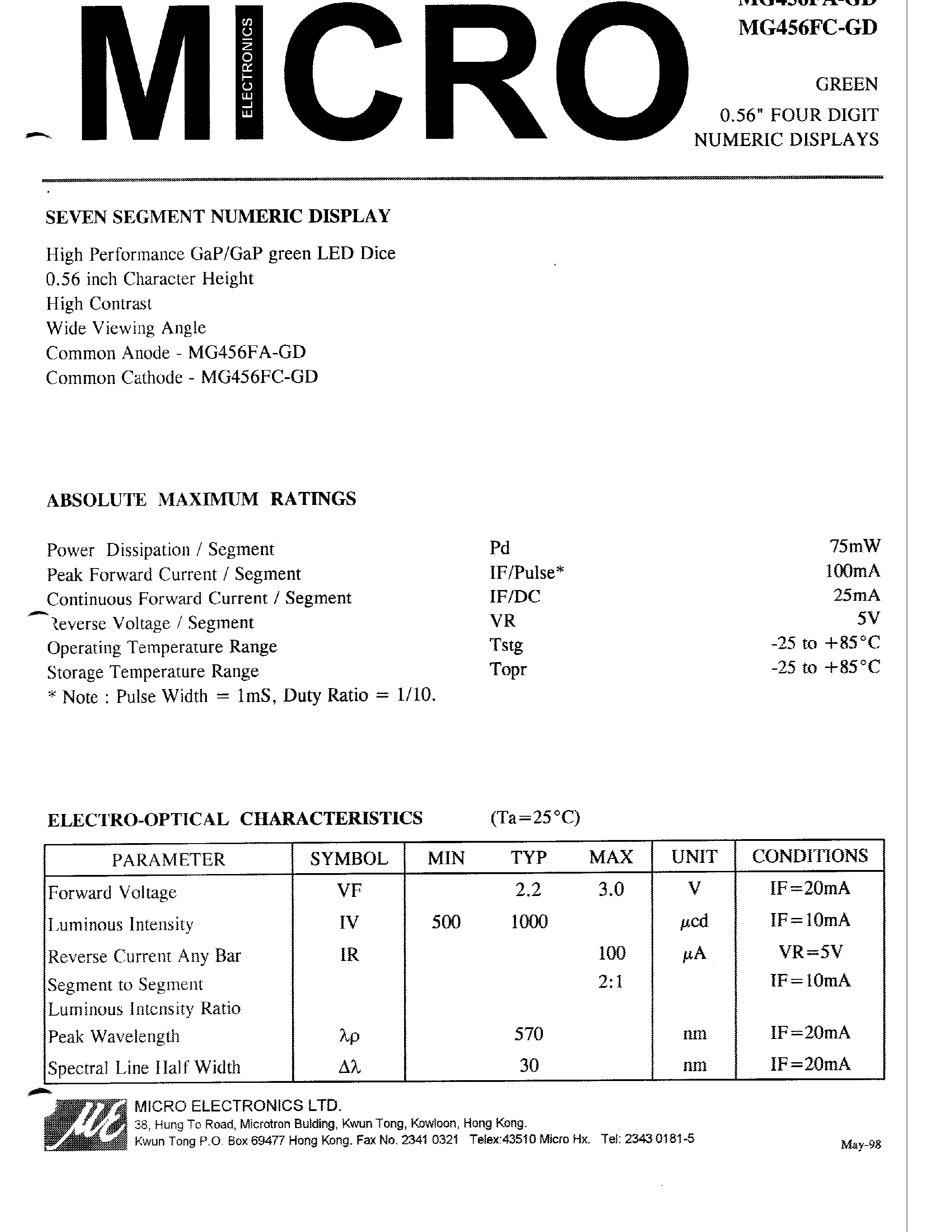 Datasheet MG456FA-GD - GREEN 0.56 FOUR DIGIT NUMERIC DISPLAYS page 1