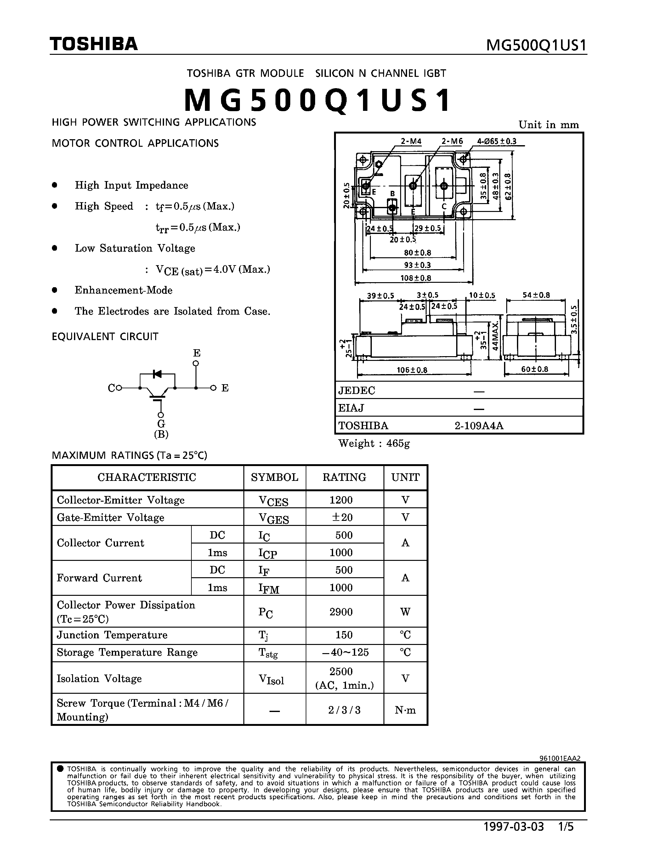 Datasheet MG500Q1US1 - N CHANNEL IGBT (HIGH POWER SWITCHING / MOTOR CONTROL APPLICATIONS) page 1