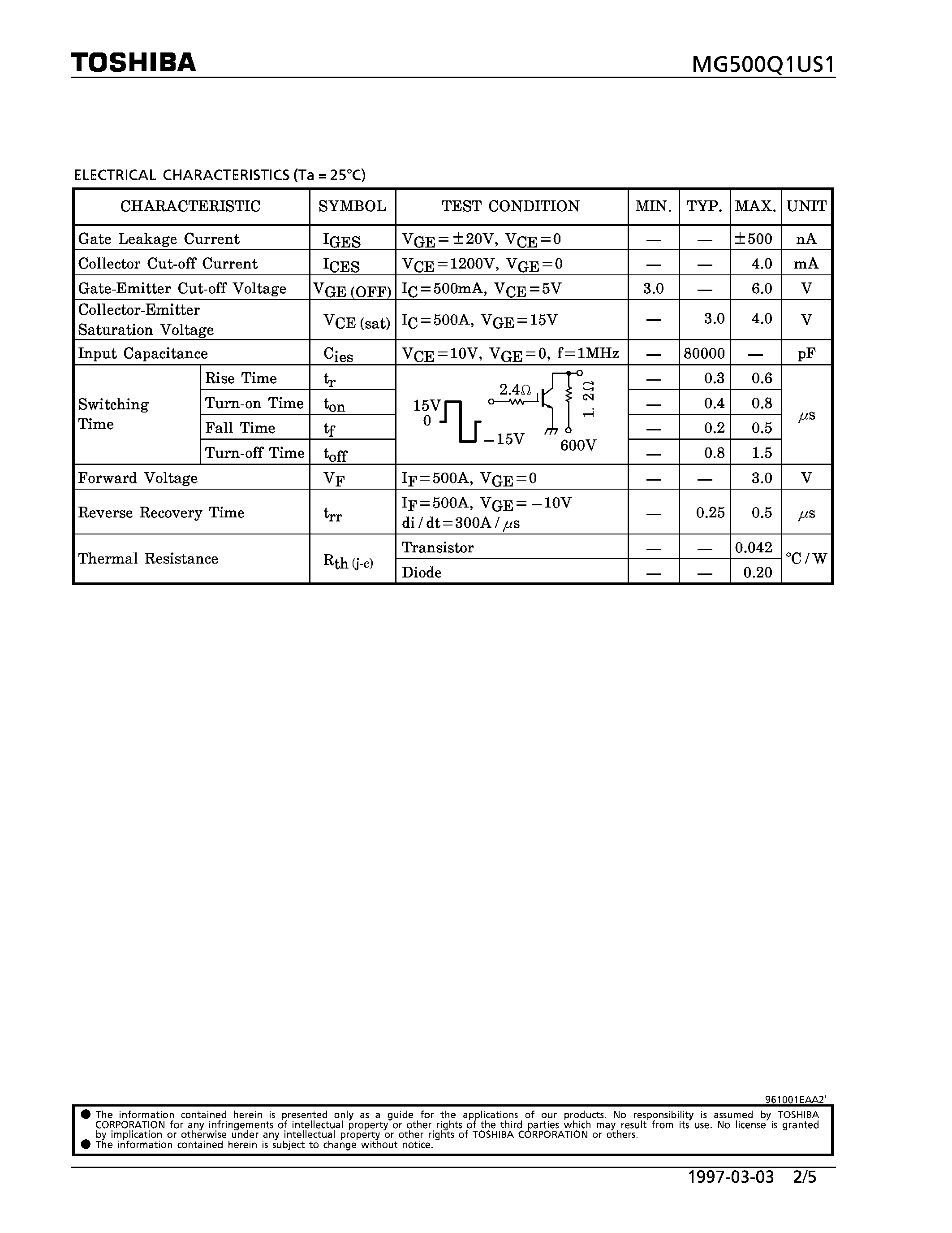 Datasheet MG500Q1US1 - N CHANNEL IGBT (HIGH POWER SWITCHING / MOTOR CONTROL APPLICATIONS) page 2