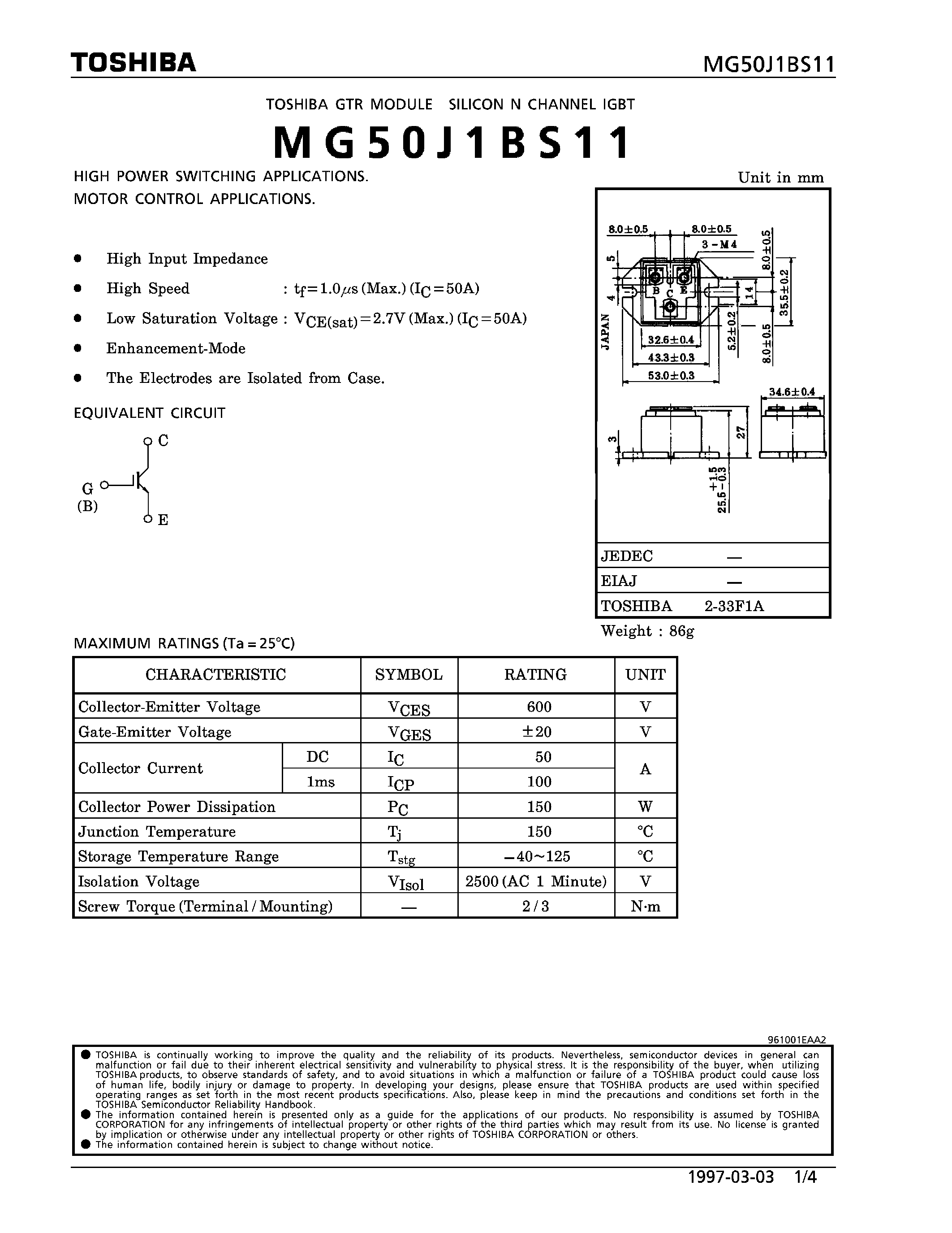 Datasheet MG50J1BS11 - N CHANNEL IGBT (HIGH POWER SWITCHING / MOTOR CONTROL APPLICATIONS) page 1