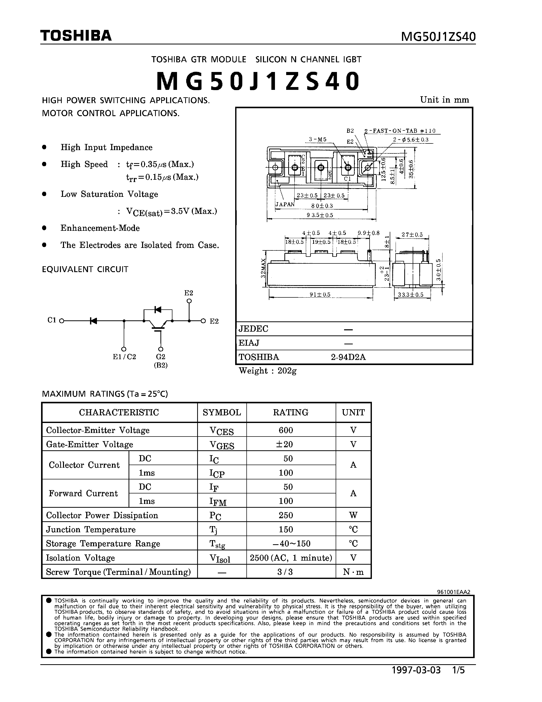 Datasheet MG50J1ZS40 - N CHANNEL IGBT (HIGH POWER SWITCHING / MOTOR CONTROL APPLICATIONS) page 1