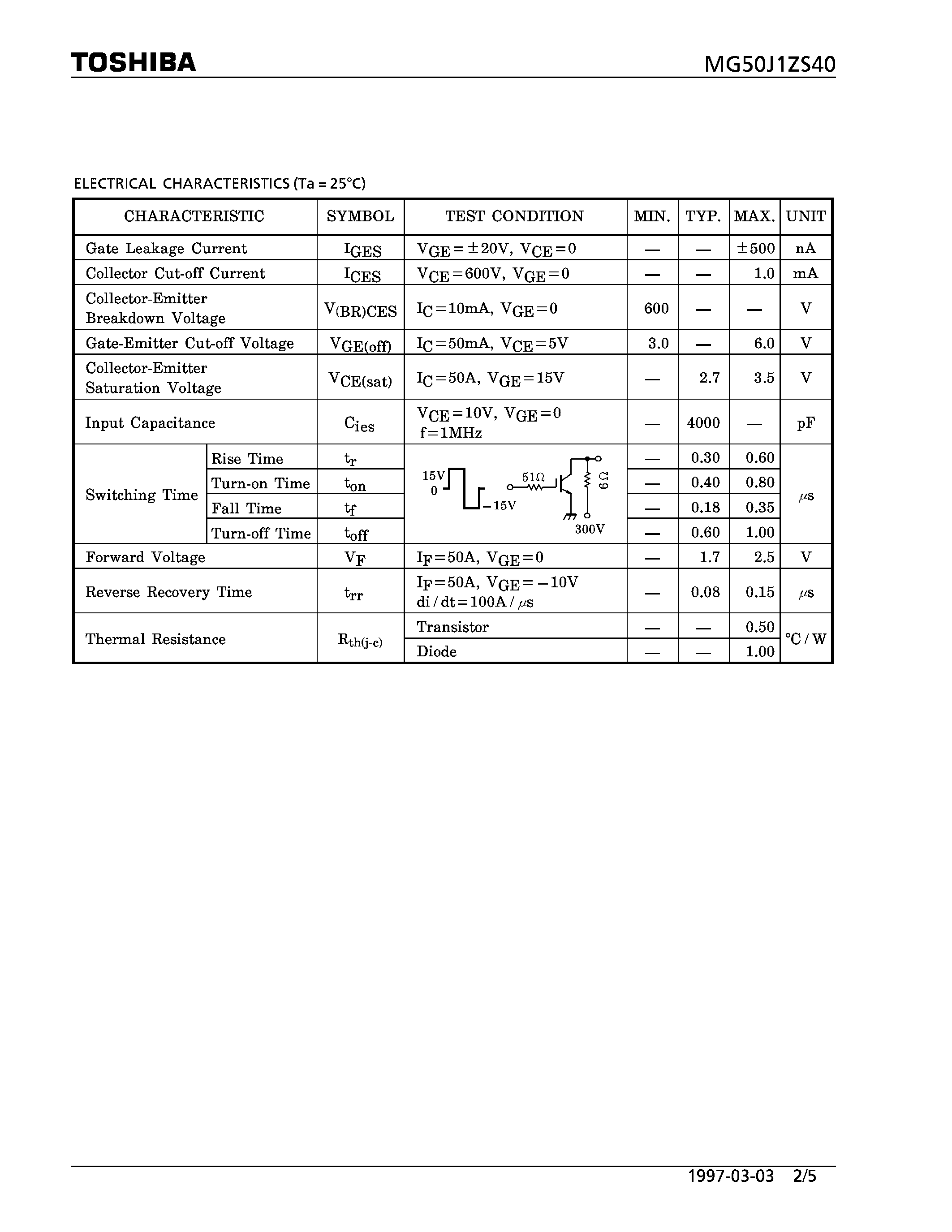 Datasheet MG50J1ZS40 - N CHANNEL IGBT (HIGH POWER SWITCHING / MOTOR CONTROL APPLICATIONS) page 2