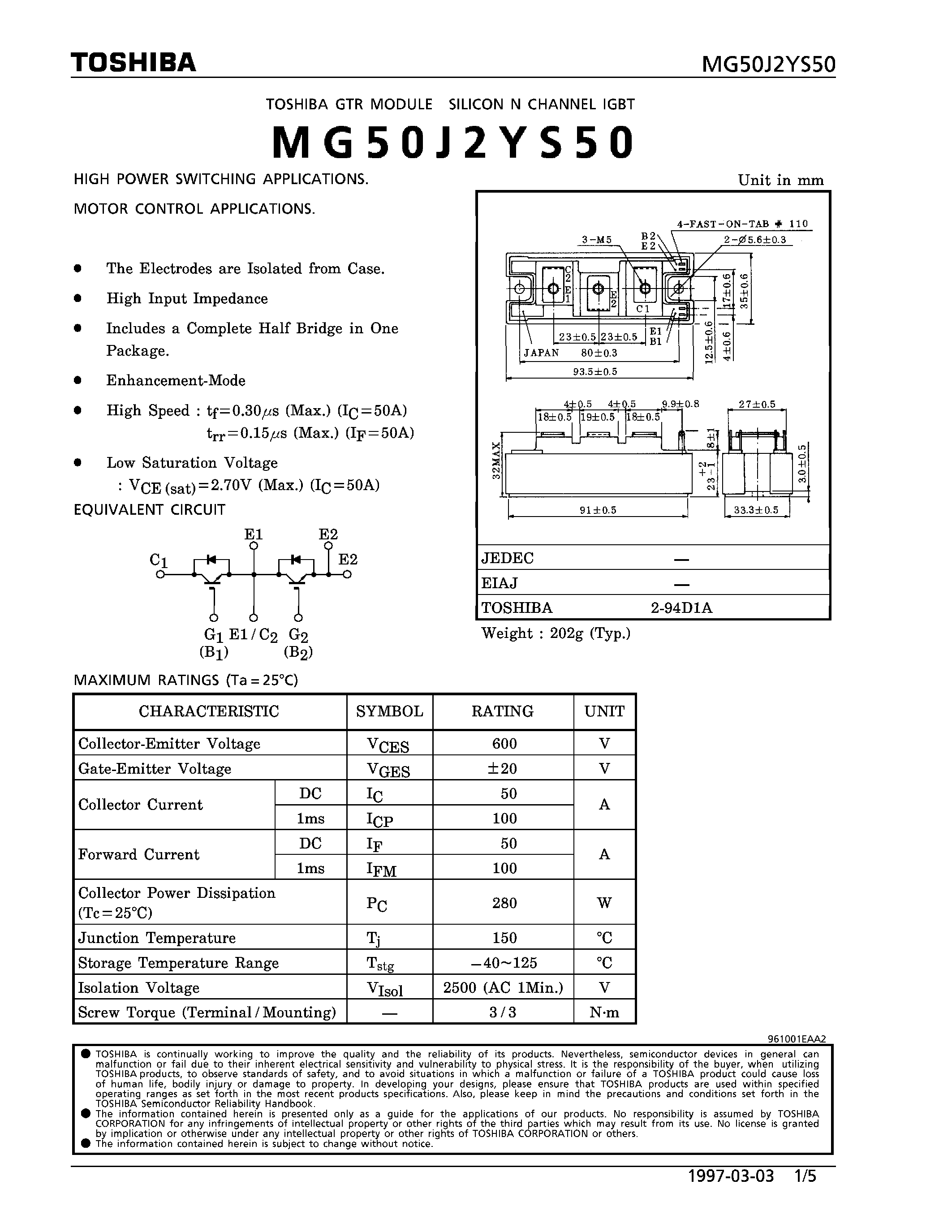 Datasheet MG50J2YS50 - N CHANNEL IGBT (HIGH POWER SWITCHING / MOTOR CONTROL APPLICATIONS) page 1