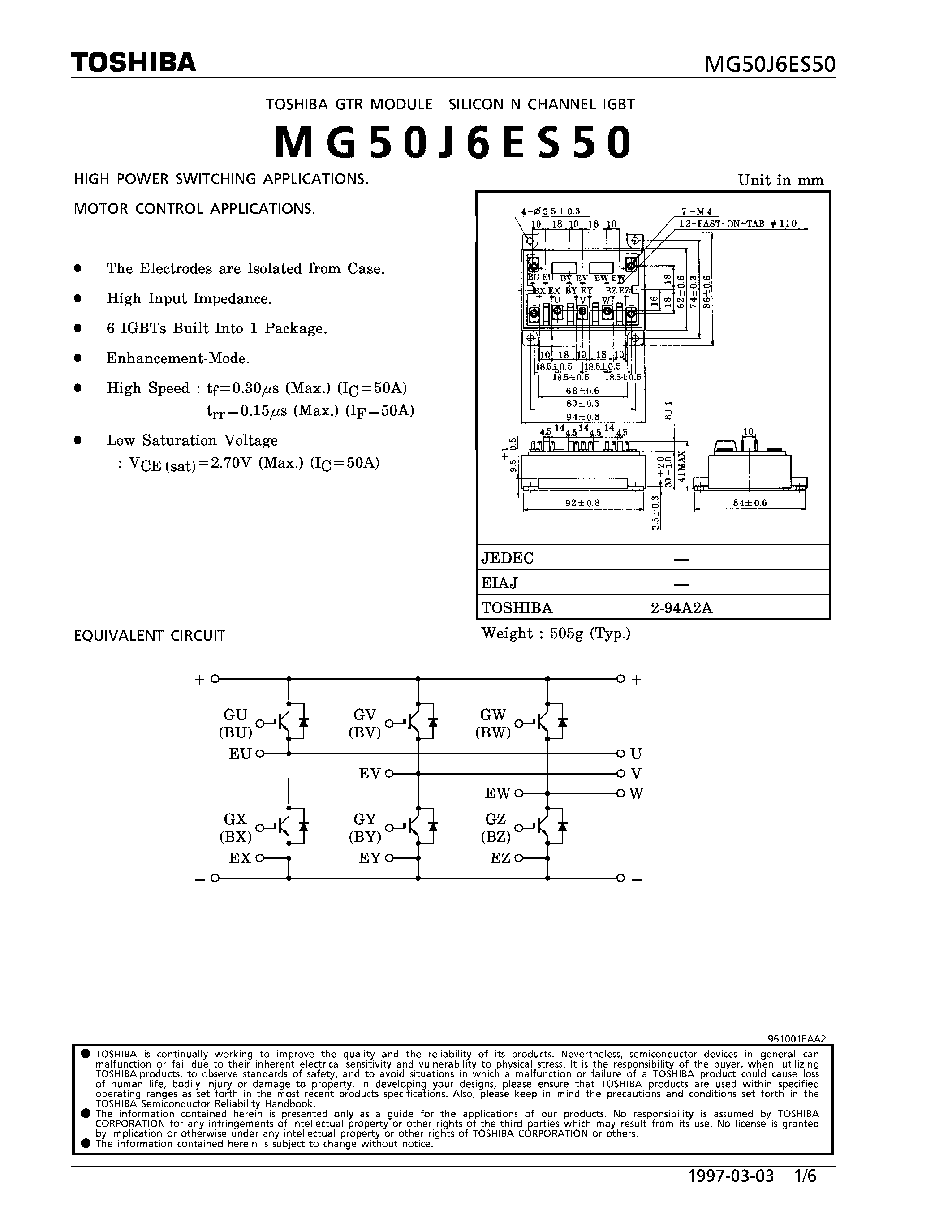 Даташит на микросхему MG50J6ES50 страница 1 Даташит MG50J6ES50 - N CHANNEL IGBT (HIGH POWER SWITCHING / MOTOR CONTROL APPLICATIONS) страница 1