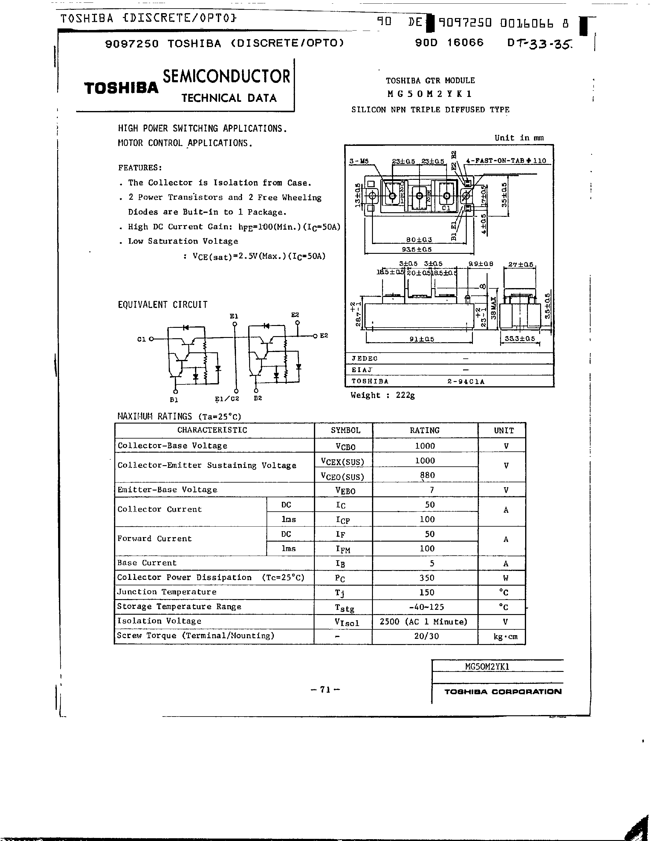 Datasheet MG50M2YK1 - Silicon NPN Triple Diffused Type(High Power Switching / Motor Control Applications) page 1