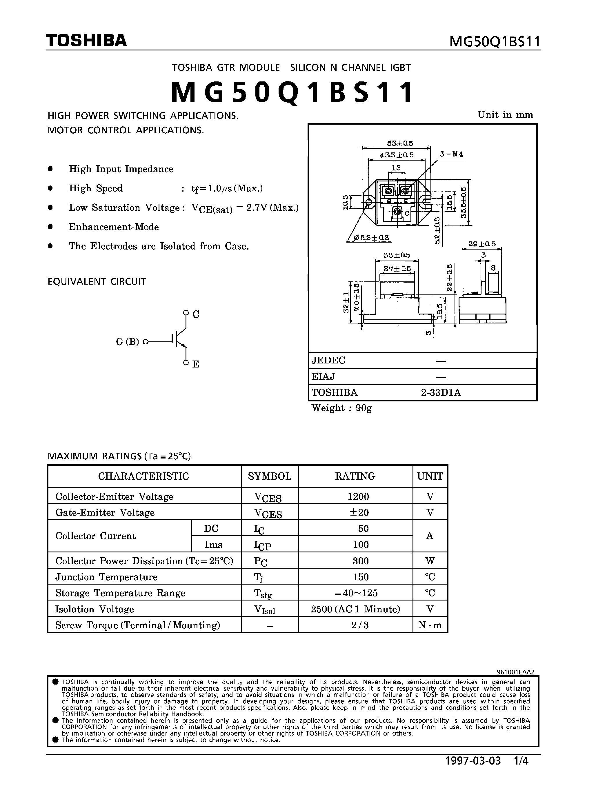 Datasheet MG50Q1BS11 - N CHANNEL IGBT (HIGH POWER SWITCHING / MOTOR CONTROL APPLICATIONS) page 1