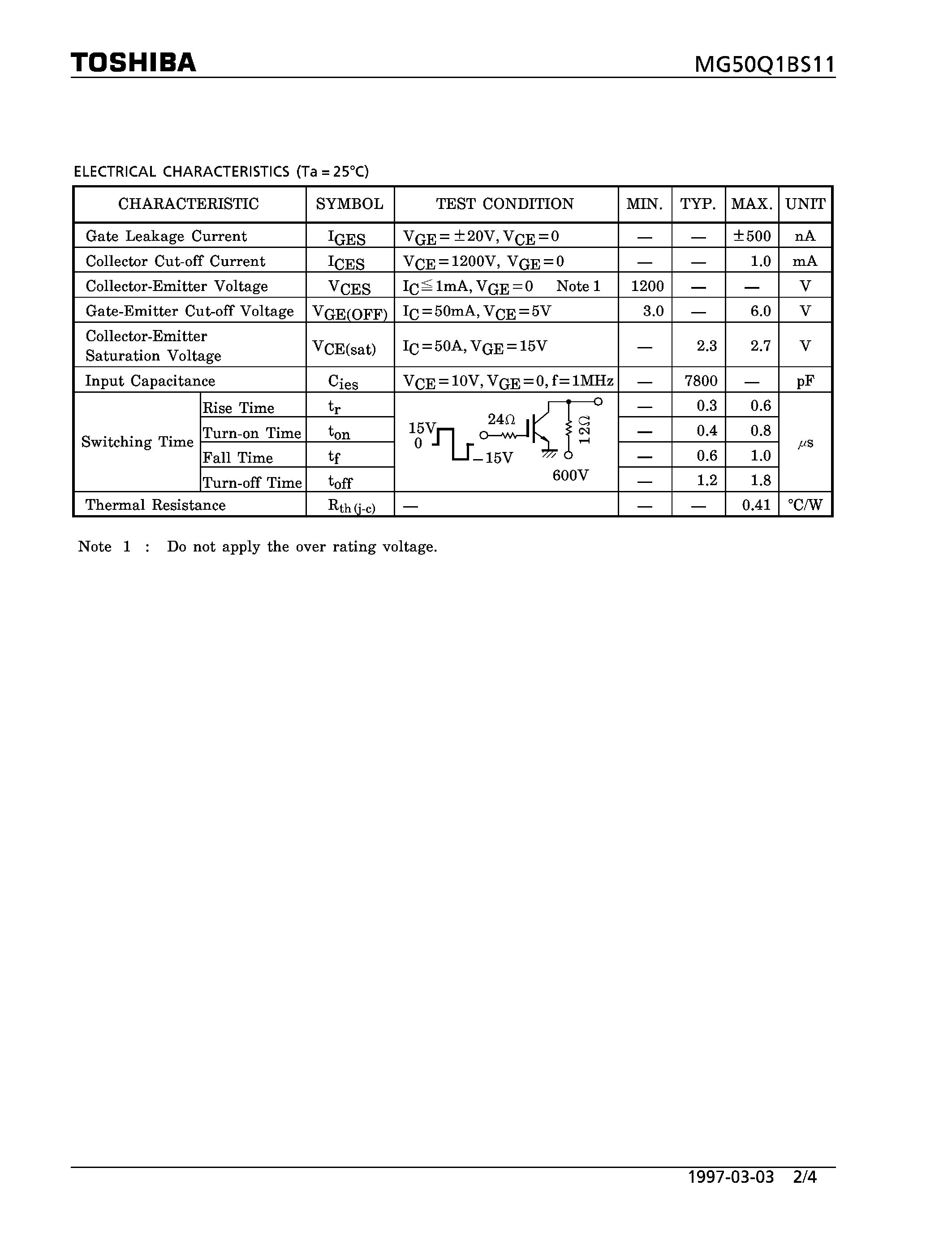 Datasheet MG50Q1BS11 - N CHANNEL IGBT (HIGH POWER SWITCHING / MOTOR CONTROL APPLICATIONS) page 2