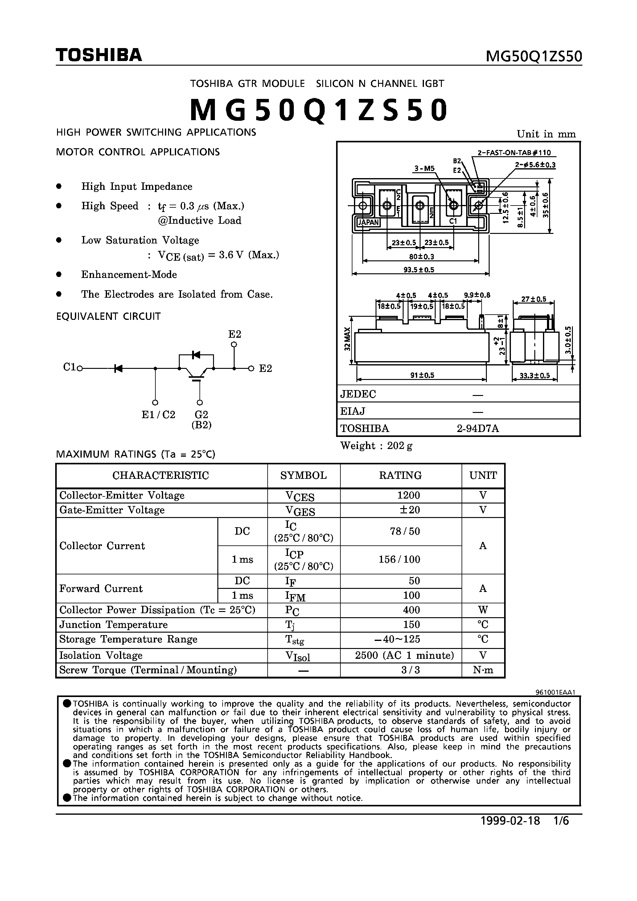 Datasheet MG50Q1ZS50 - N CHANNEL IGBT (HIGH POWER SWITCHING / MOTOR CONTROL APPLICATIONS) page 1