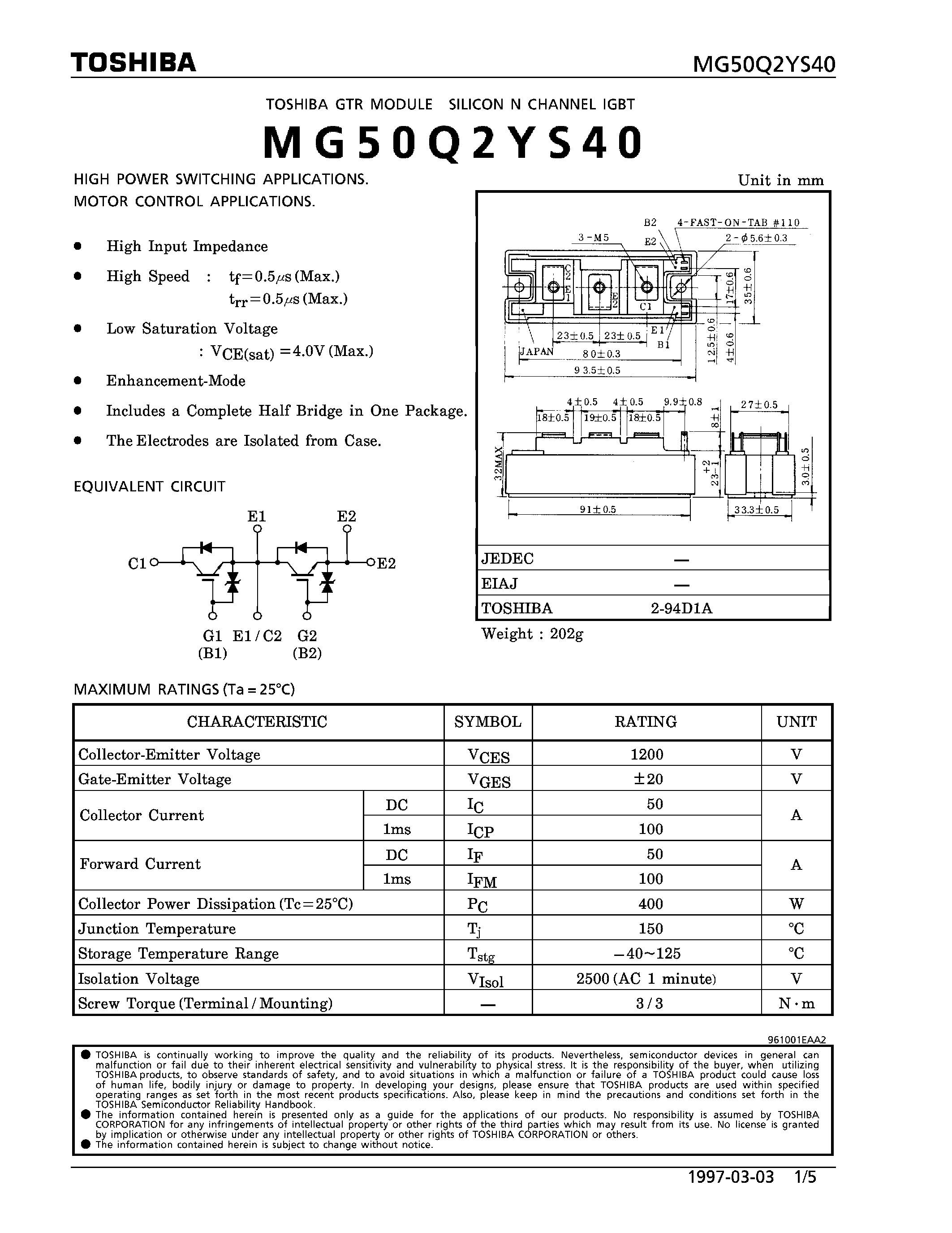 Datasheet MG50Q2YS40 - N CHANNEL IGBT (HIGH POWER SWITCHING / MOTOR CONTROL APPLICATIONS) page 1