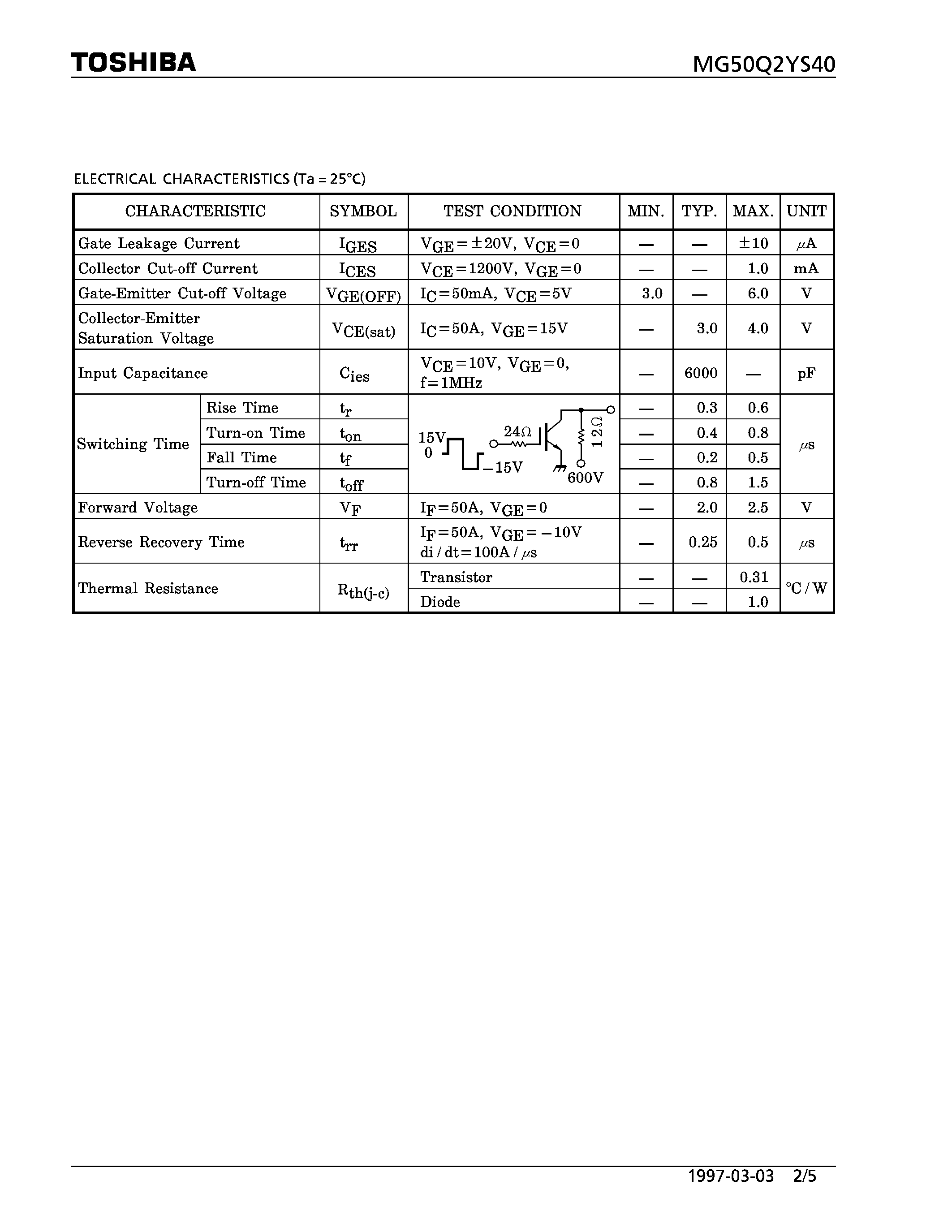 Datasheet MG50Q2YS40 - N CHANNEL IGBT (HIGH POWER SWITCHING / MOTOR CONTROL APPLICATIONS) page 2