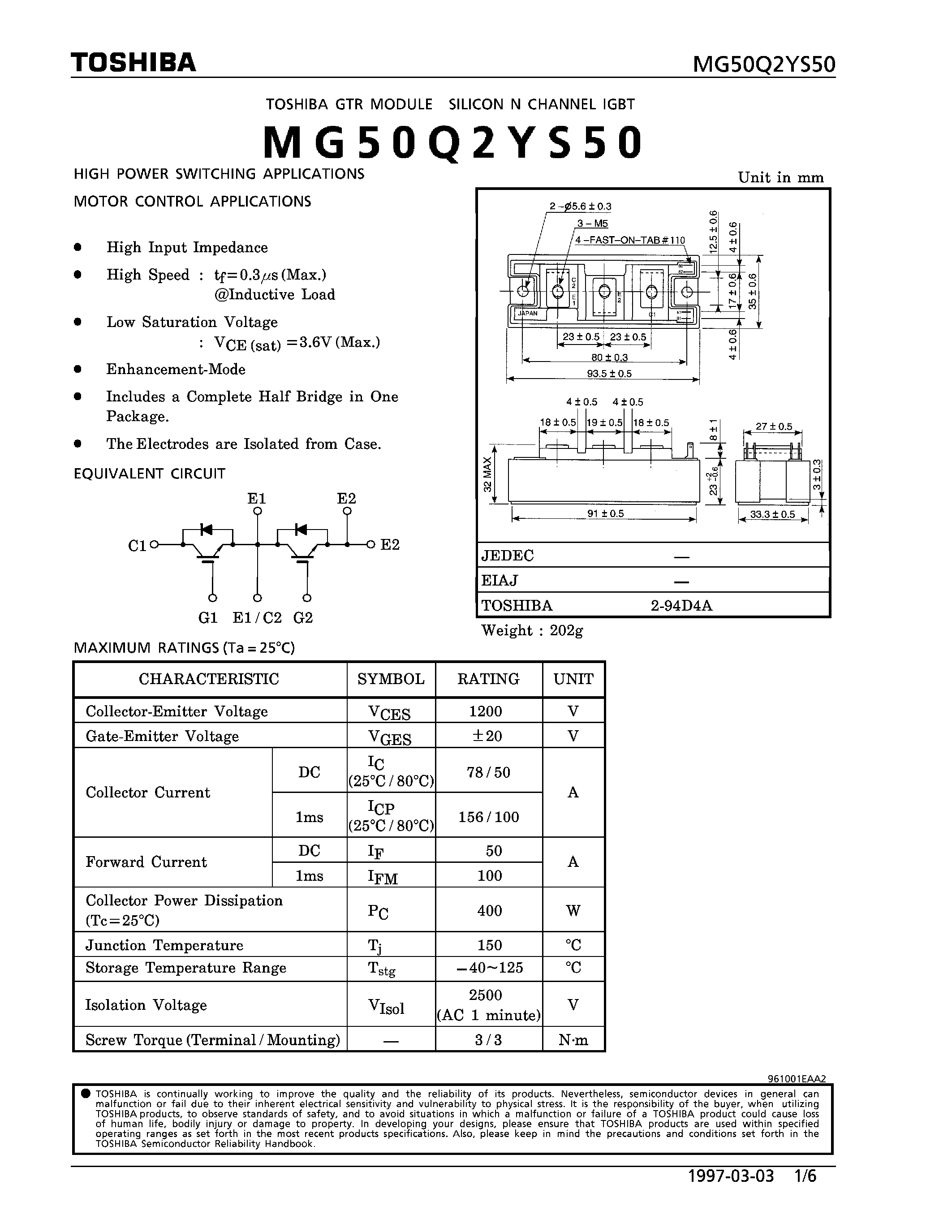 Datasheet MG50Q2YS50 - N CHANNEL IGBT (HIGH POWER SWITCHING / MOTOR CONTROL APPLICATIONS) page 1