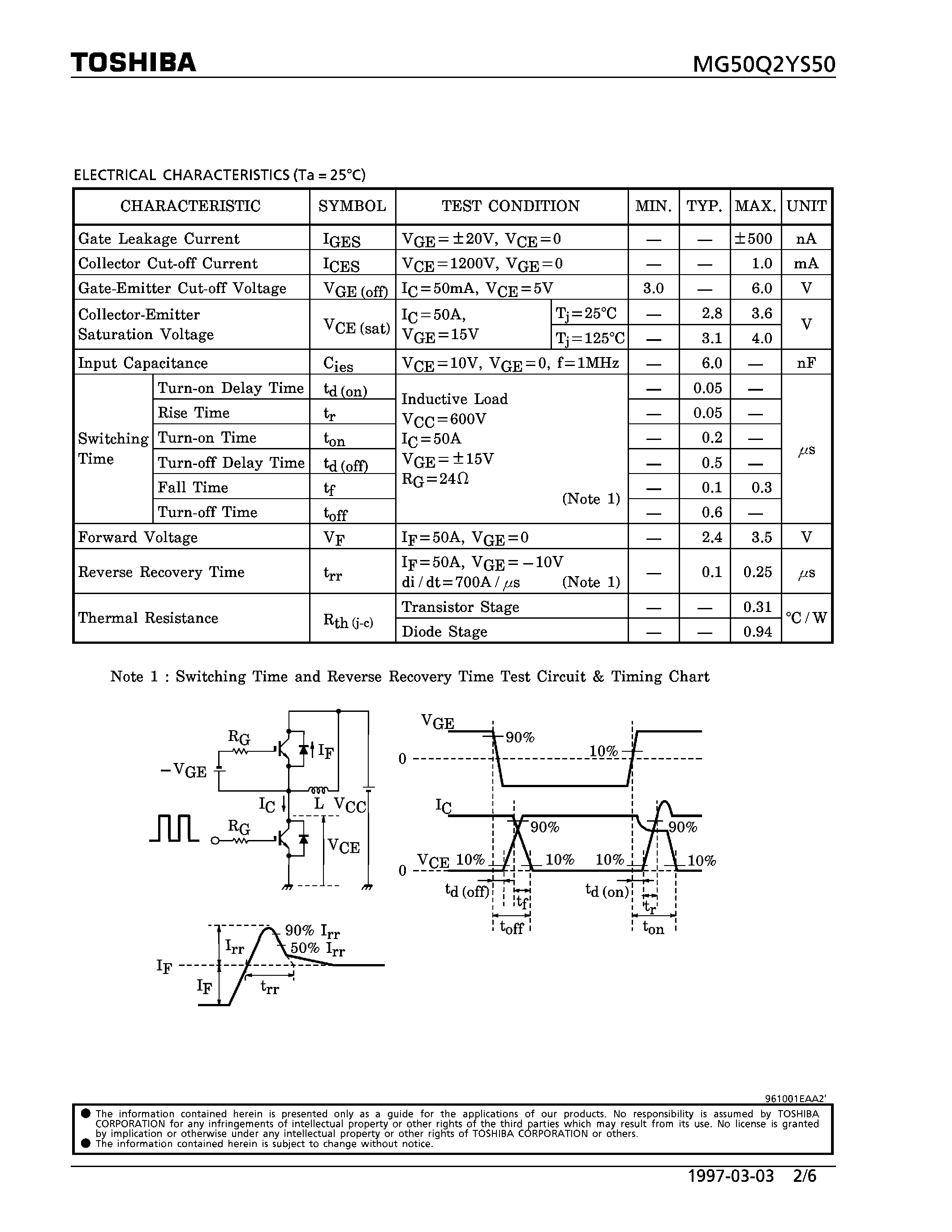 Datasheet MG50Q2YS50 - N CHANNEL IGBT (HIGH POWER SWITCHING / MOTOR CONTROL APPLICATIONS) page 2