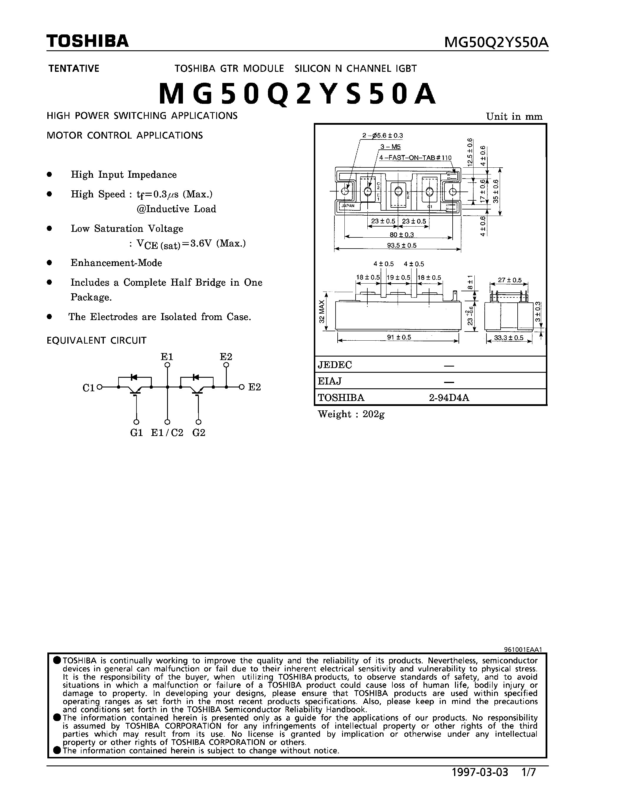 Datasheet MG50Q2YS50A - N CHANNEL IGBT (HIGH POWER SWITCHING / MOTOR CONTROL APPLICATIONS) page 1