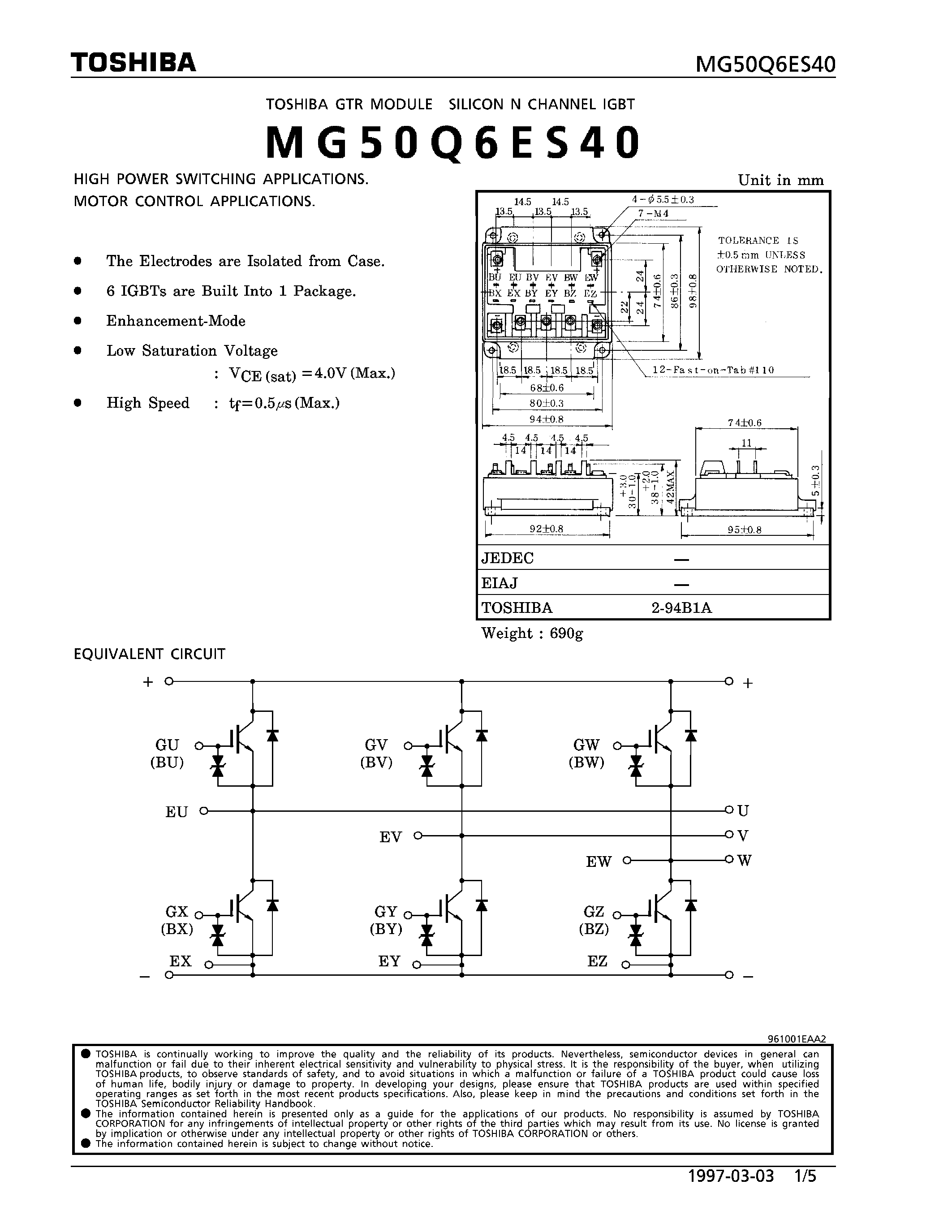 Datasheet MG50Q6ES40 - N CHANNEL IGBT (HIGH POWER SWITCHING / MOTOR CONTROL APPLICATIONS) page 1