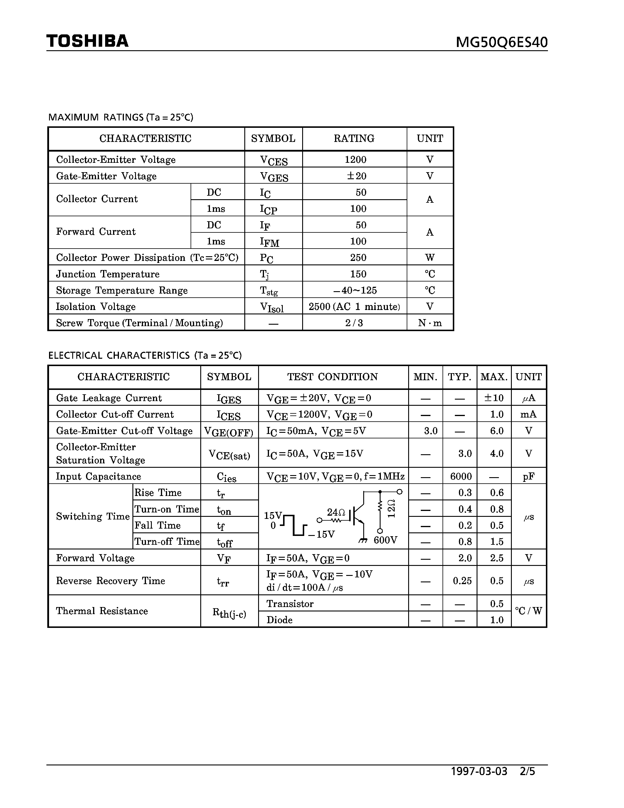 Datasheet MG50Q6ES40 - N CHANNEL IGBT (HIGH POWER SWITCHING / MOTOR CONTROL APPLICATIONS) page 2