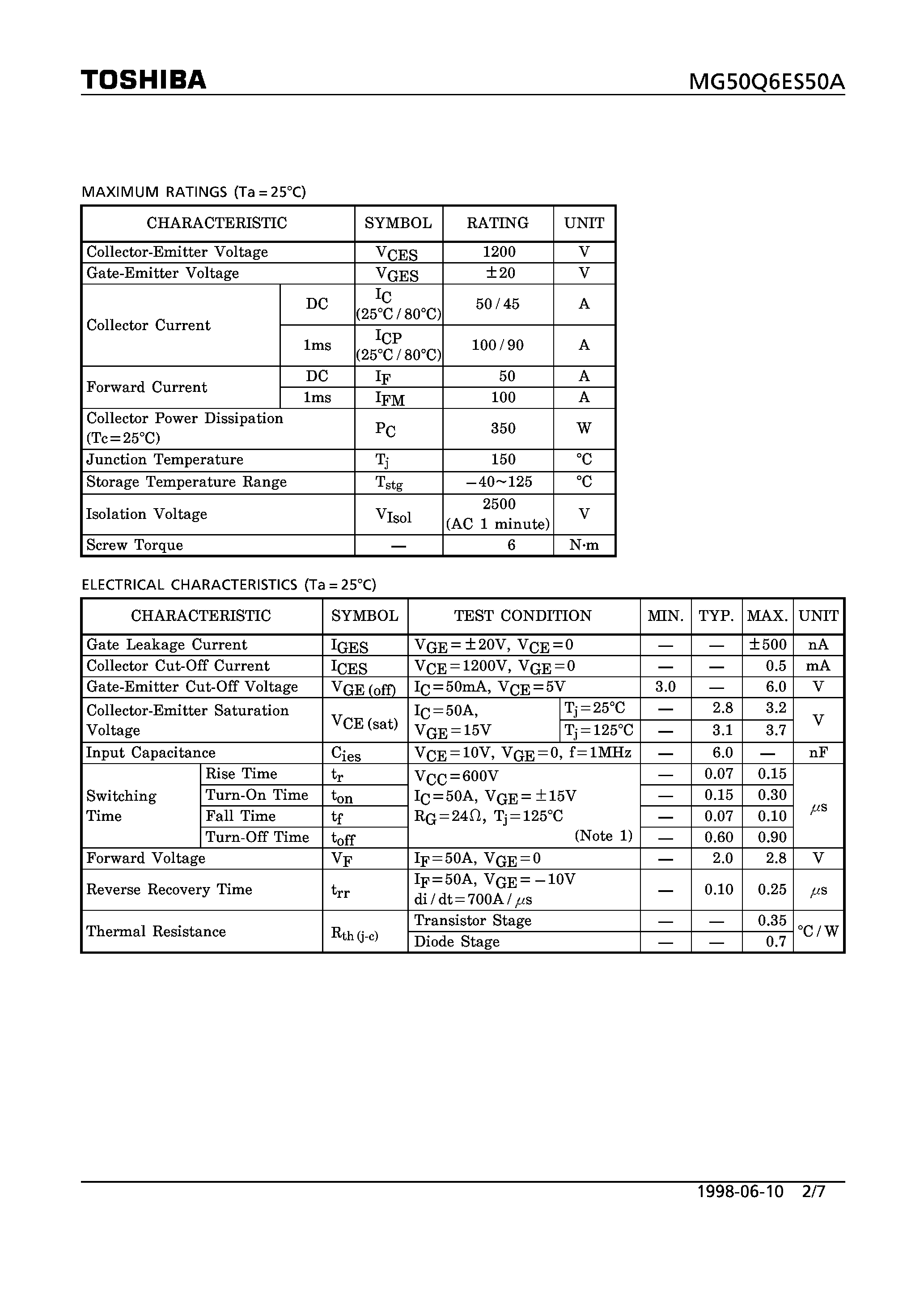 Datasheet MG50Q6ES50A - N CHANNEL IGBT (HIGH POWER SWITCHING / MOTOR CONTROL APPLICATIONS) page 2