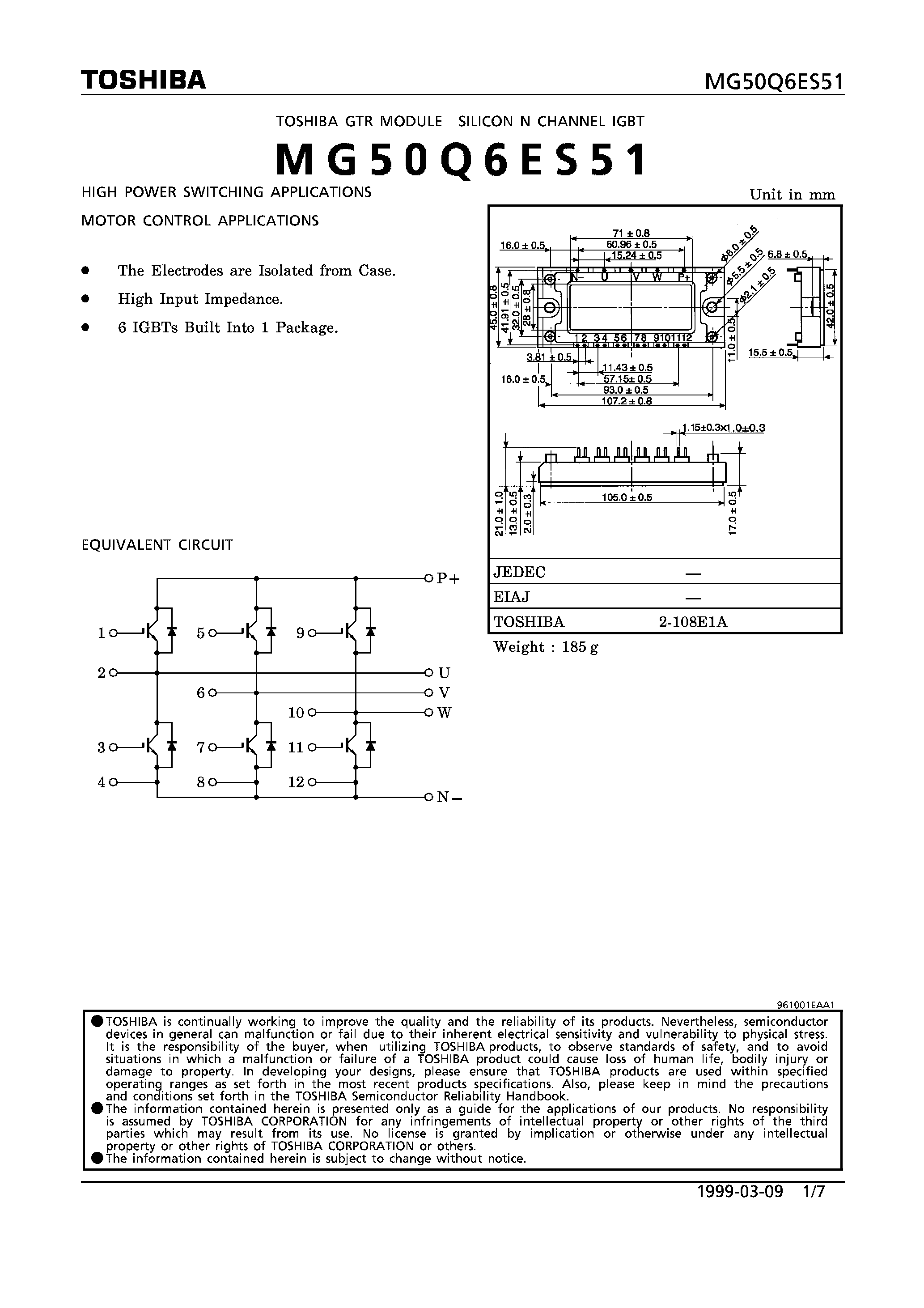 Datasheet MG50Q6ES51 - N CHANNEL IGBT (HIGH POWER SWITCHING / MOTOR CONTROL APPLICATIONS) page 1