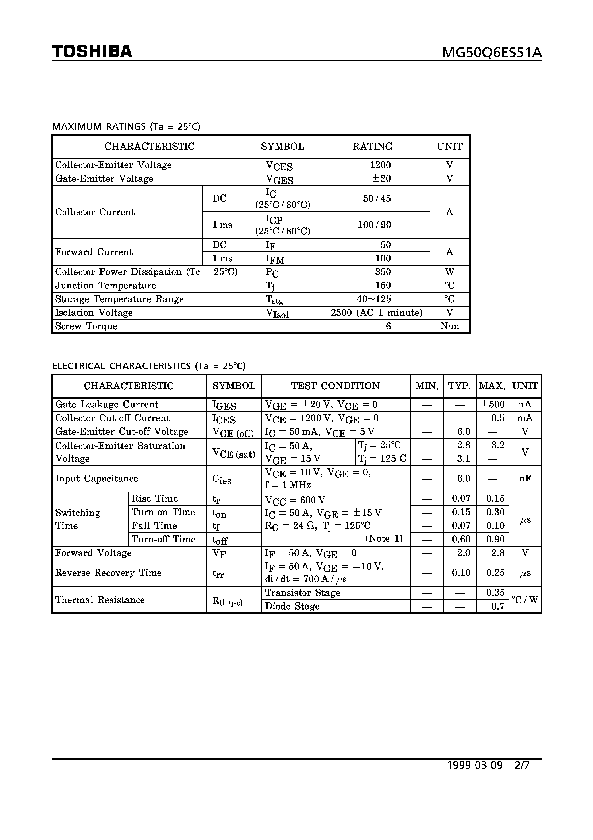 Datasheet MG50Q6ES51A - N CHANNEL IGBT (HIGH POWER SWITCHING / MOTOR CONTROL APPLICATIONS) page 2