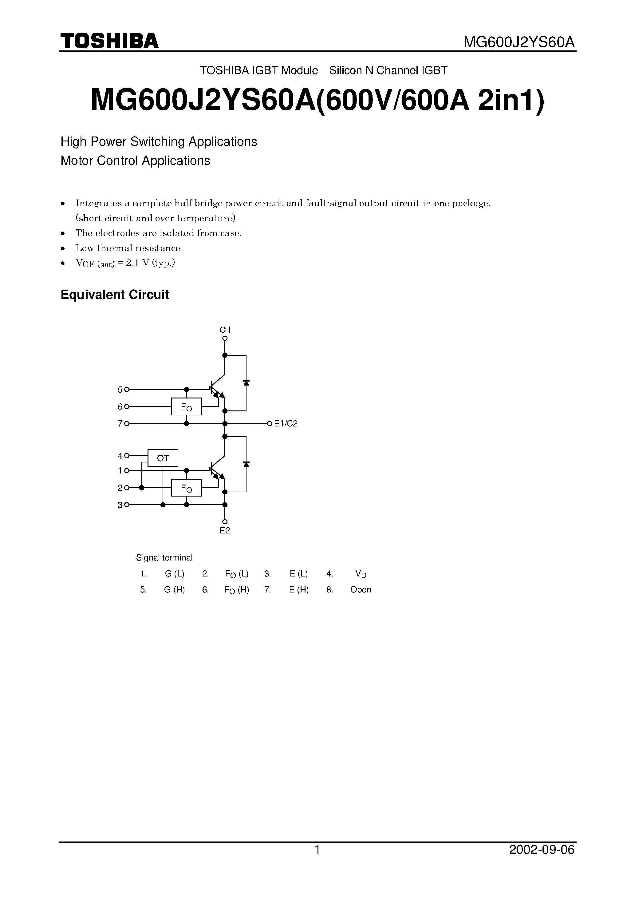 Datasheet MG600J2YS60A - TOSHIBA IGBT Module Silicon N Channel IGBT page 1