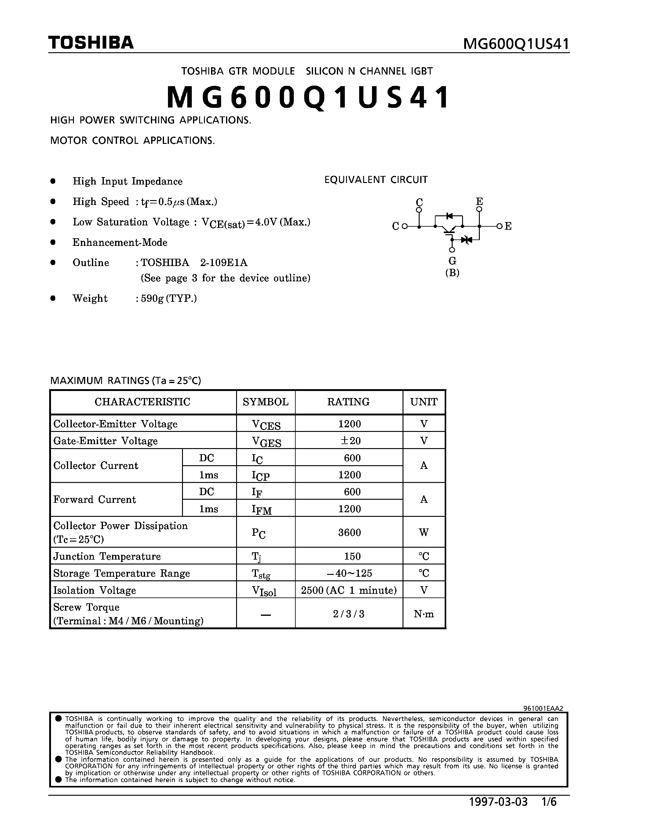 Datasheet MG600Q1US41 - N CHANNEL IGBT (HIGH POWER SWITCHING / MOTOR CONTROL APPLICATIONS) page 1