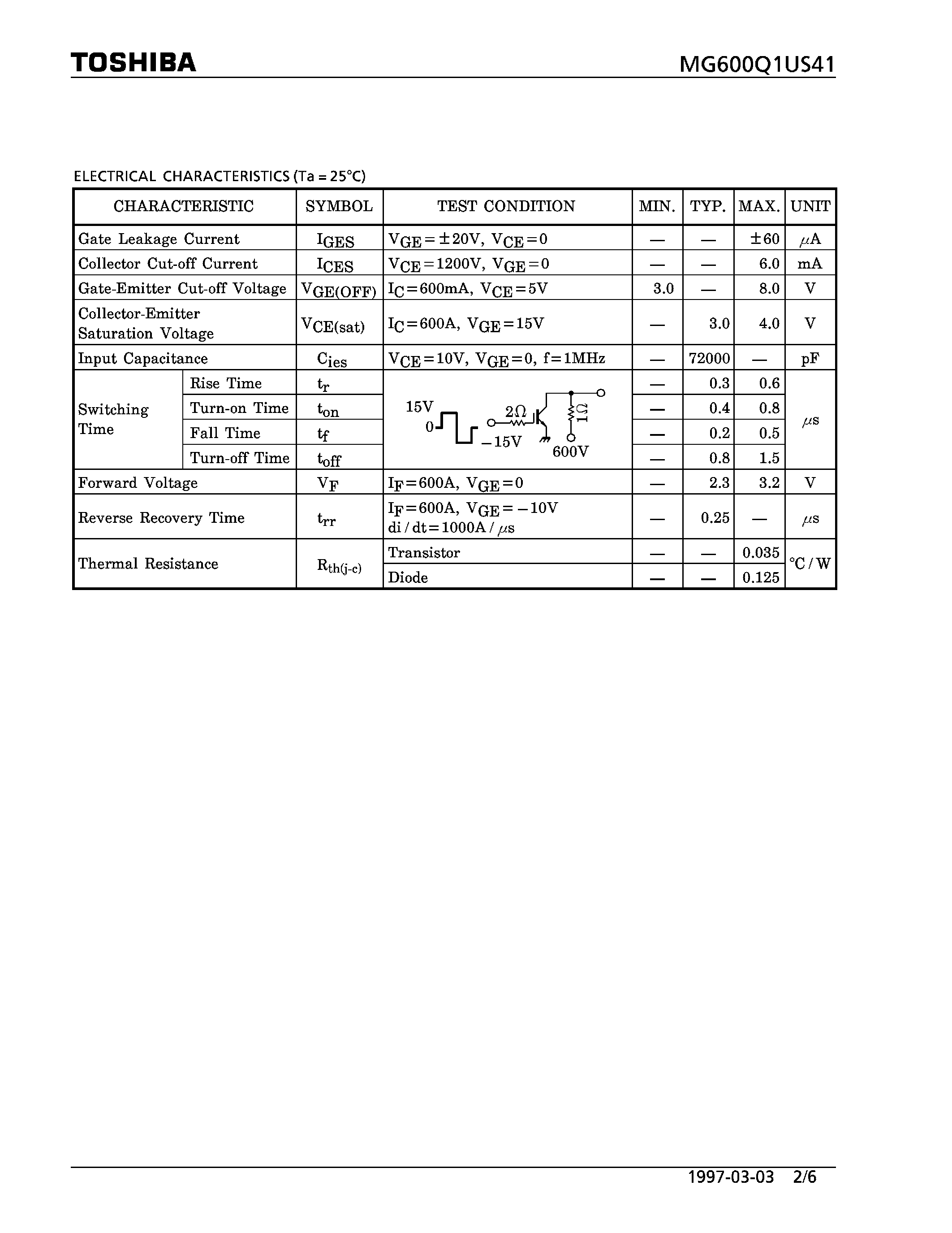 Datasheet MG600Q1US41 - N CHANNEL IGBT (HIGH POWER SWITCHING / MOTOR CONTROL APPLICATIONS) page 2