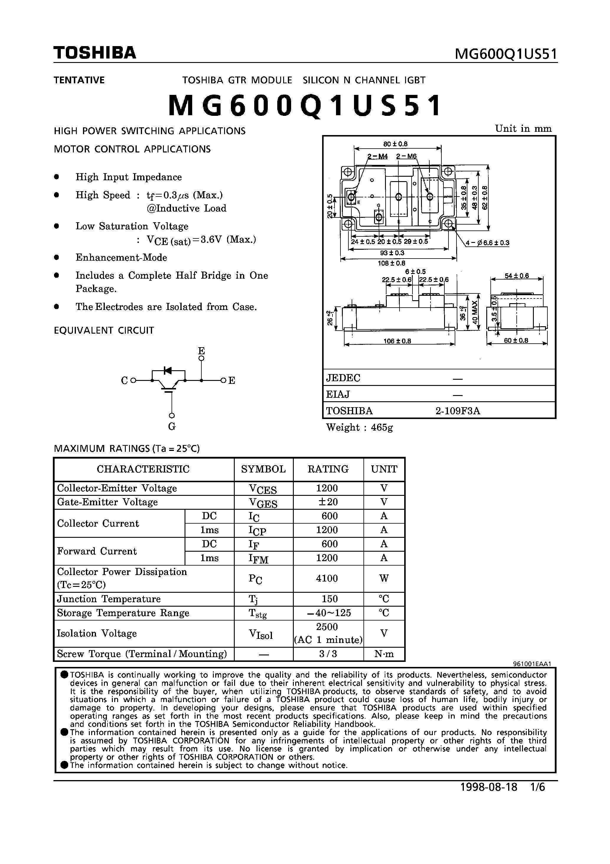 Datasheet MG600Q1US51 - N CHANNEL IGBT (HIGH POWER SWITCHING / MOTOR CONTROL APPLICATIONS) page 1