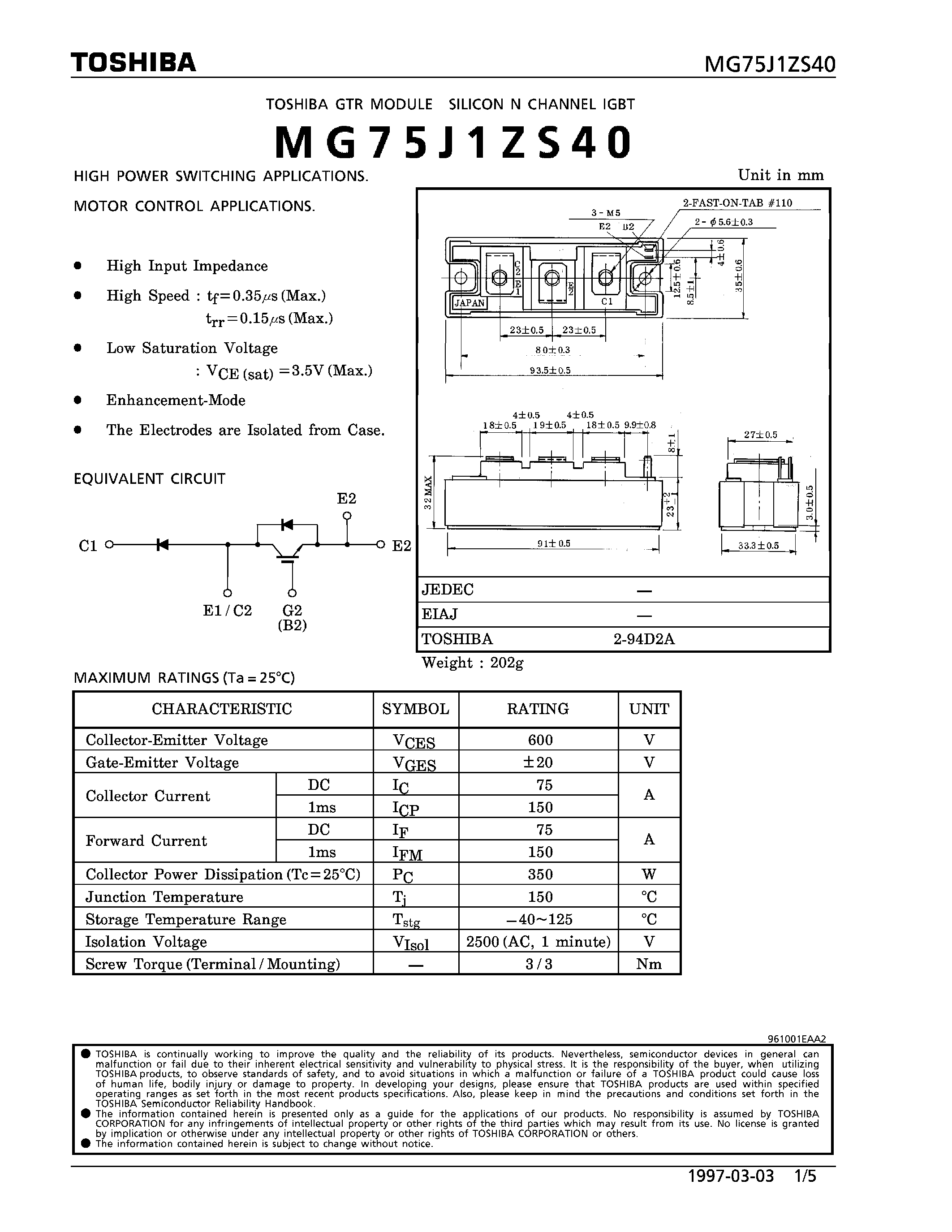 Datasheet MG75J1ZS40 - N CHANNEL IGBT (HIGH POWER SWITCHING / MOTOR CONTROL APPLICATIONS) page 1