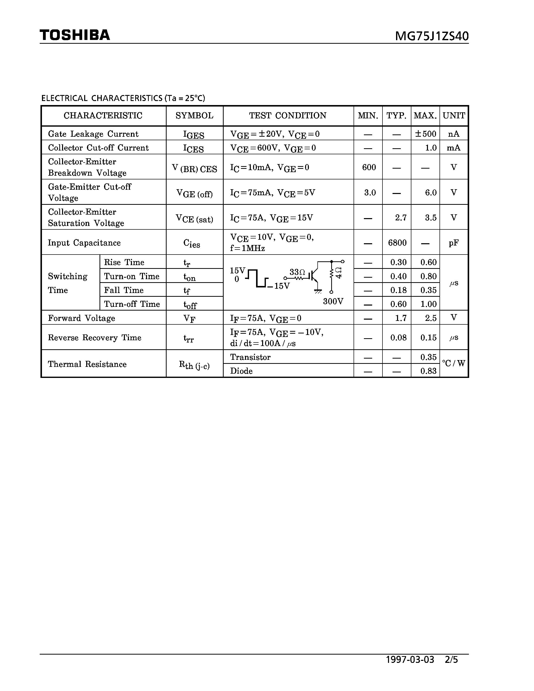 Datasheet MG75J1ZS40 - N CHANNEL IGBT (HIGH POWER SWITCHING / MOTOR CONTROL APPLICATIONS) page 2