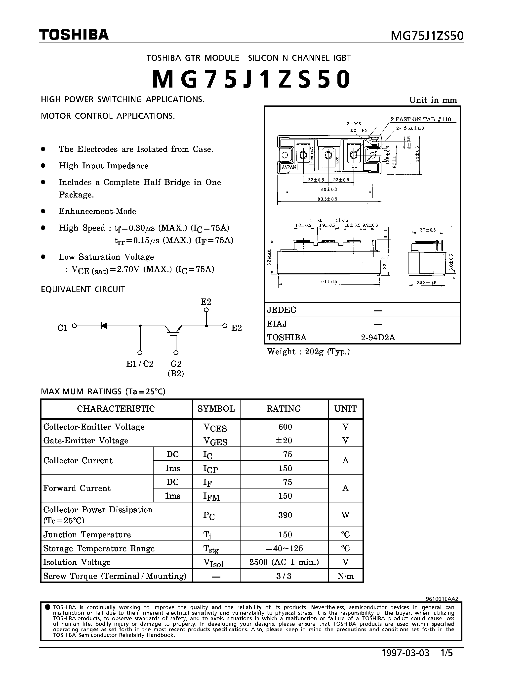 Datasheet MG75J1ZS50 - N CHANNEL IGBT (HIGH POWER SWITCHING / MOTOR CONTROL APPLICATIONS) page 1