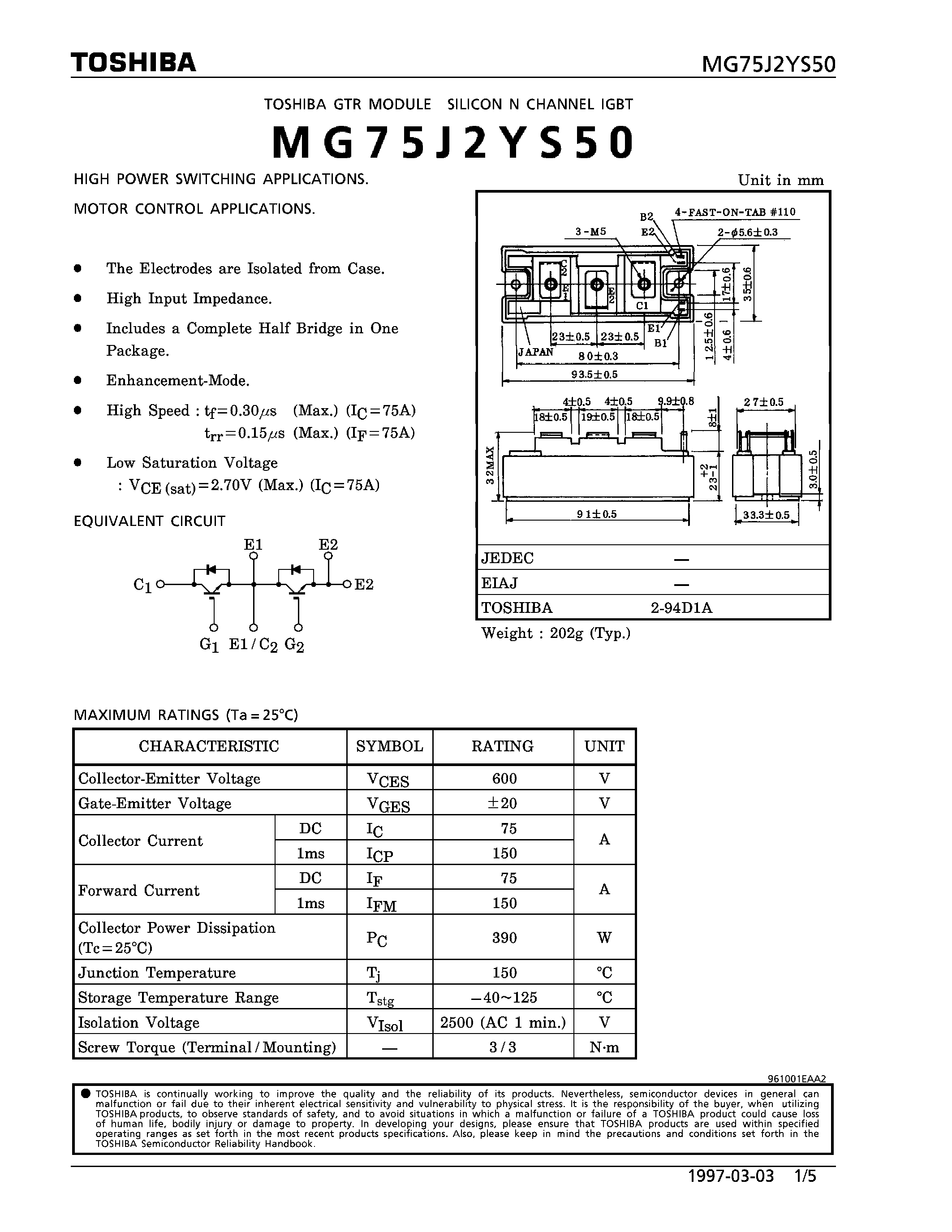 Datasheet MG75J2YS50 - N CHANNEL IGBT (HIGH POWER SWITCHING / MOTOR CONTROL APPLICATIONS) page 1