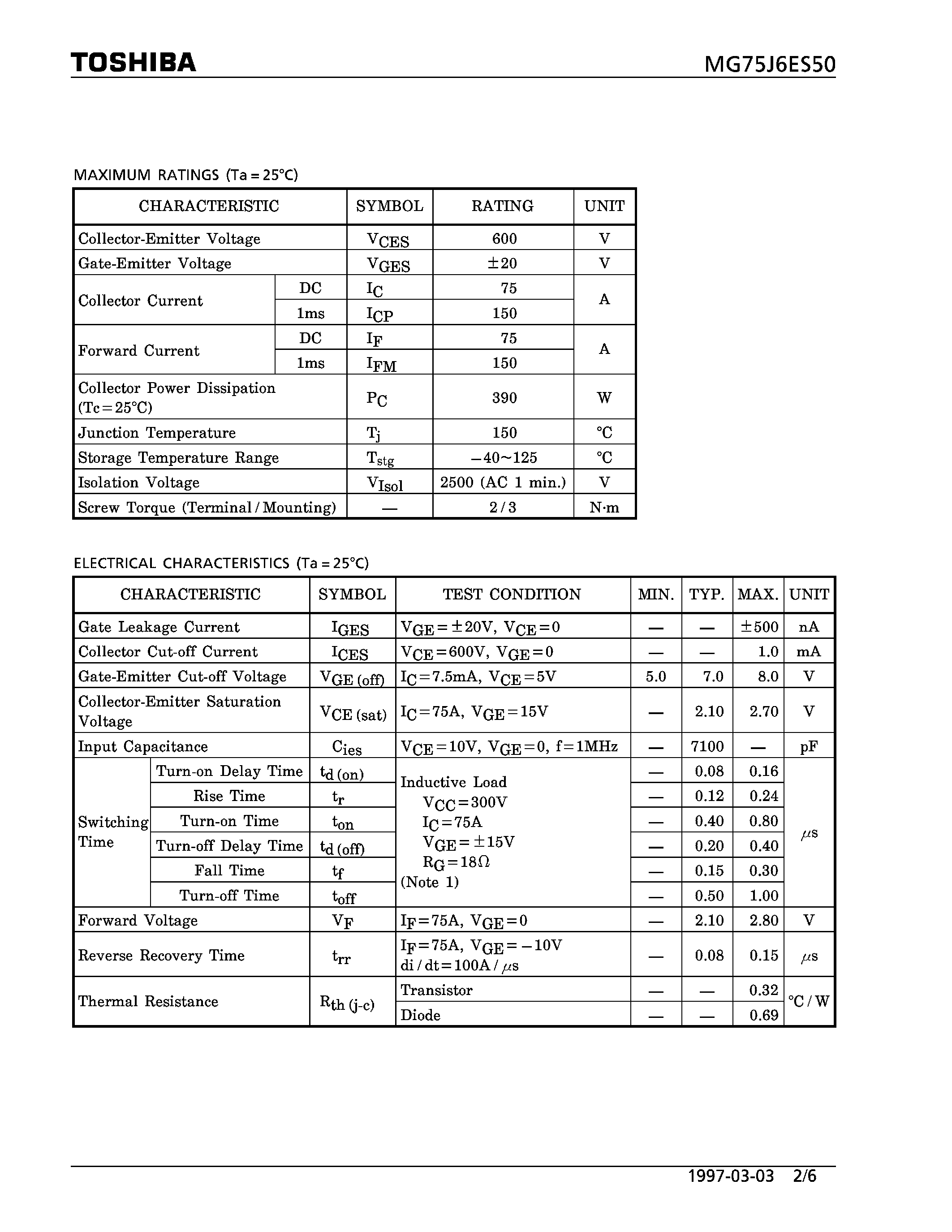 Datasheet MG75J6ES50 - N CHANNEL IGBT (HIGH POWER SWITCHING / MOTOR CONTROL APPLICATIONS) page 2