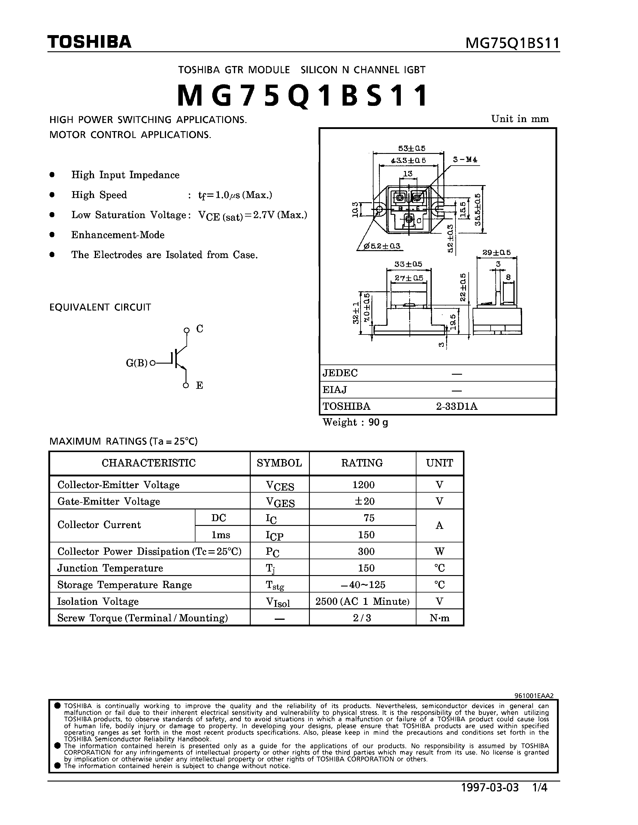 Datasheet MG75Q1BS11 - N CHANNEL IGBT (HIGH POWER SWITCHING / MOTOR CONTROL APPLICATIONS) page 1