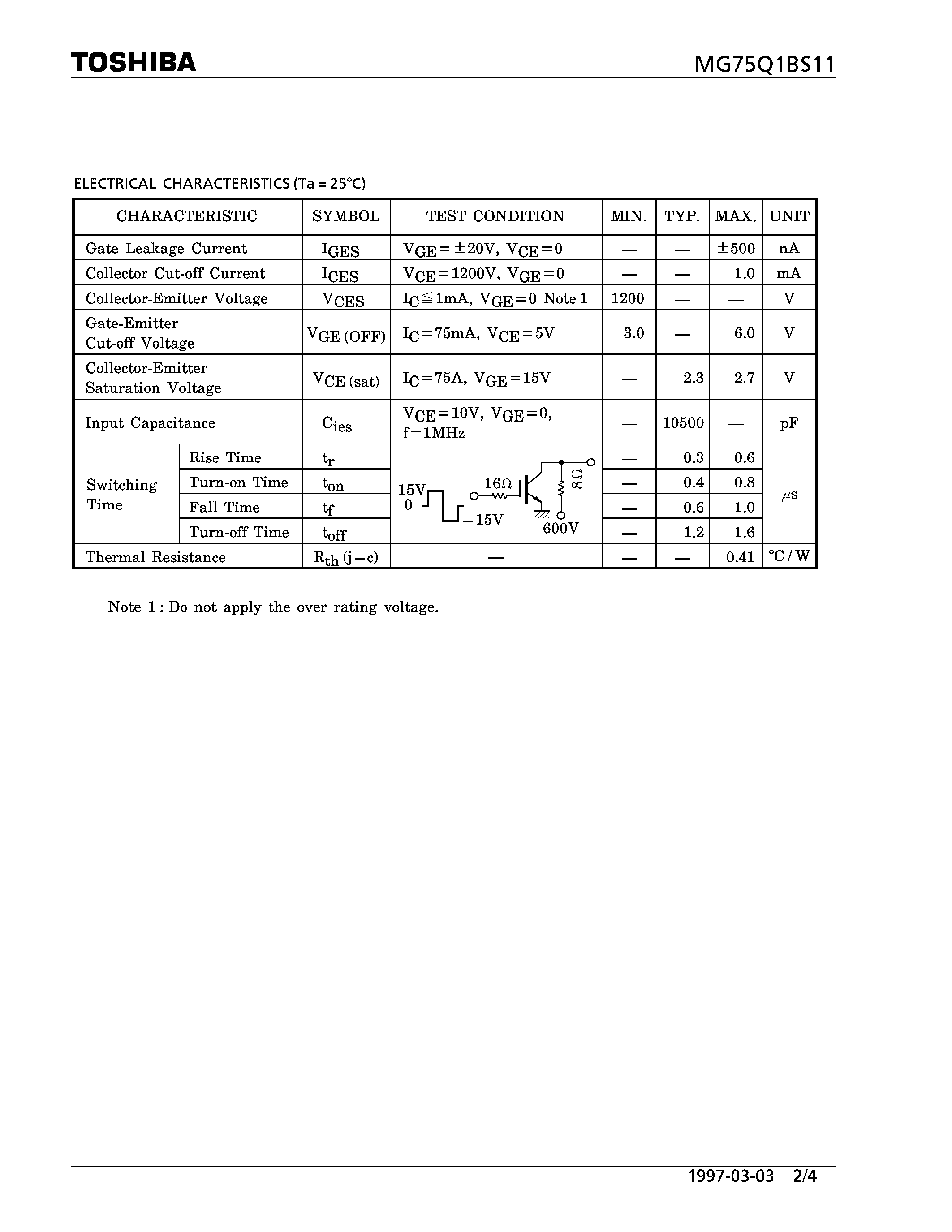 Datasheet MG75Q1BS11 - N CHANNEL IGBT (HIGH POWER SWITCHING / MOTOR CONTROL APPLICATIONS) page 2