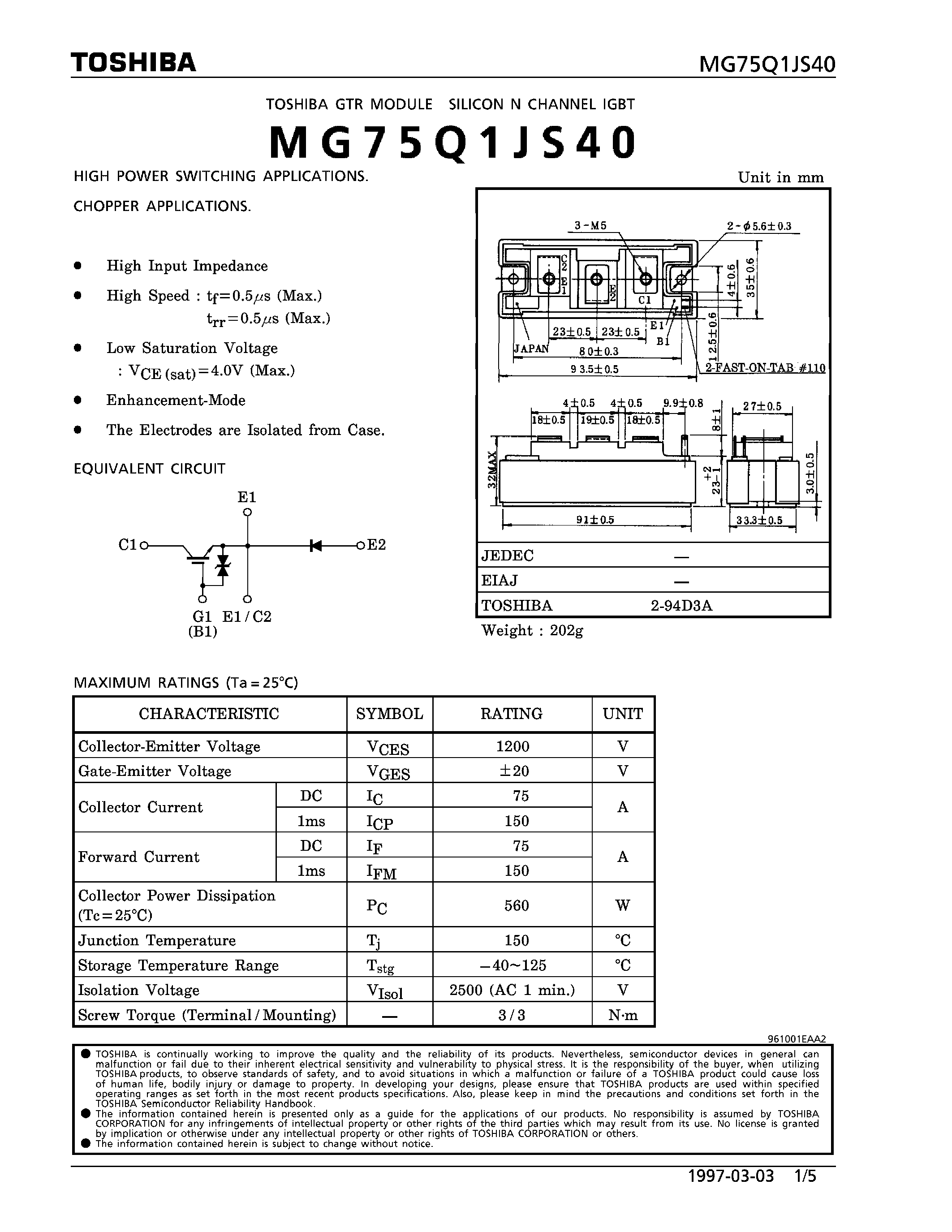 Datasheet MG75Q1JS40 - N CHANNEL IGBT (HIGH POWER SWITCHING / CHOPPER APPLICATIONS) page 1