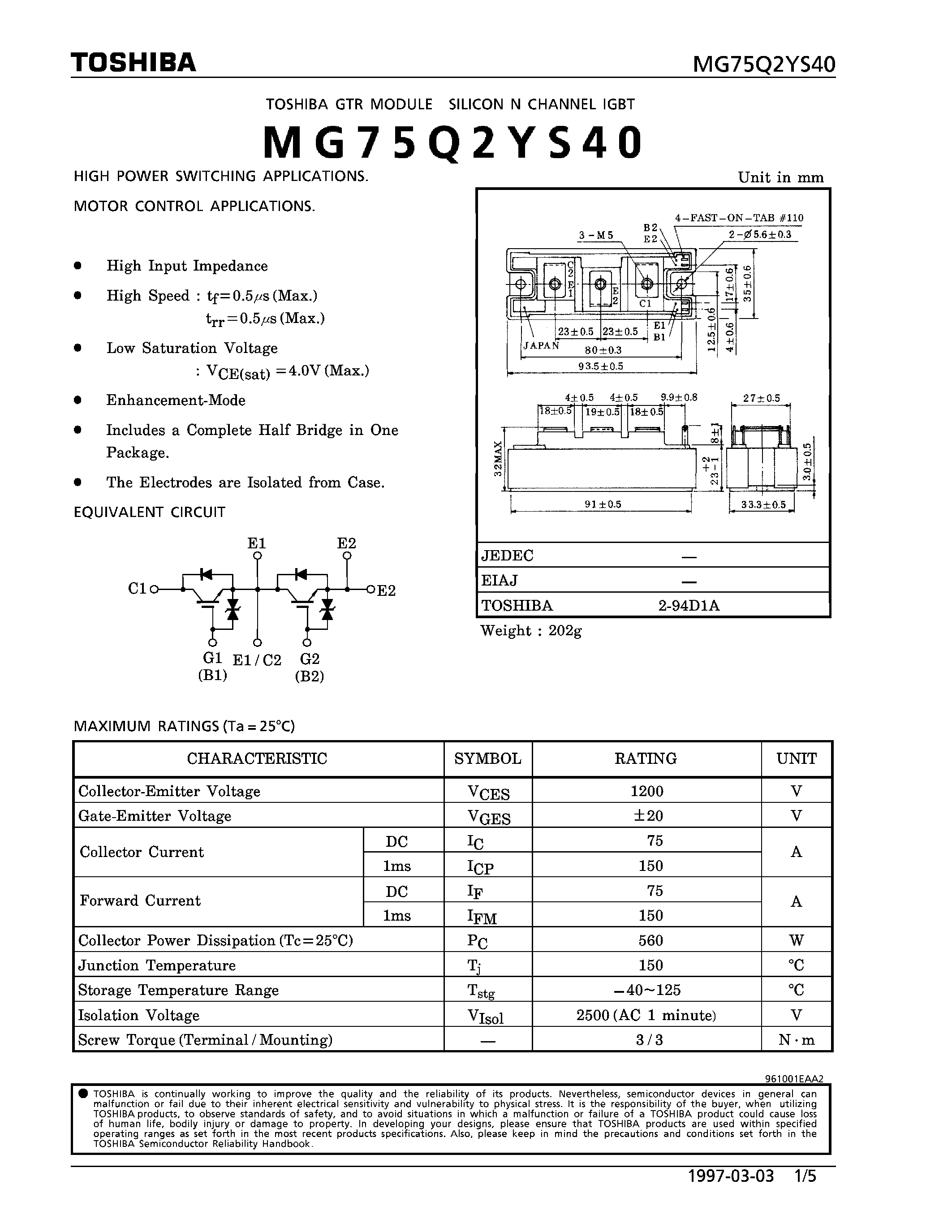 Datasheet MG75Q2YS40 - N CHANNEL IGBT (HIGH POWER SWITCHING / MOTOR CONTROL APPLICATIONS) page 1