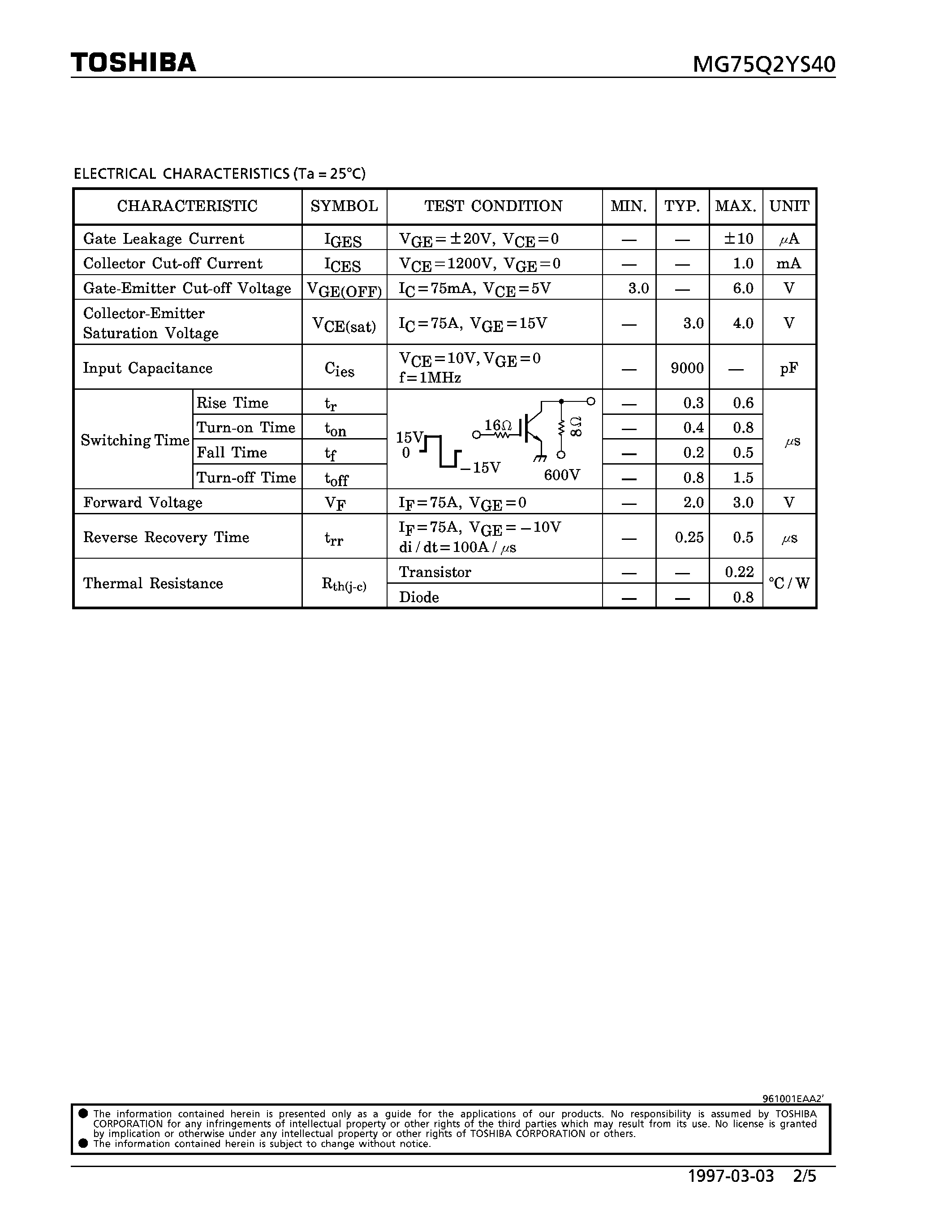 Datasheet MG75Q2YS40 - N CHANNEL IGBT (HIGH POWER SWITCHING / MOTOR CONTROL APPLICATIONS) page 2