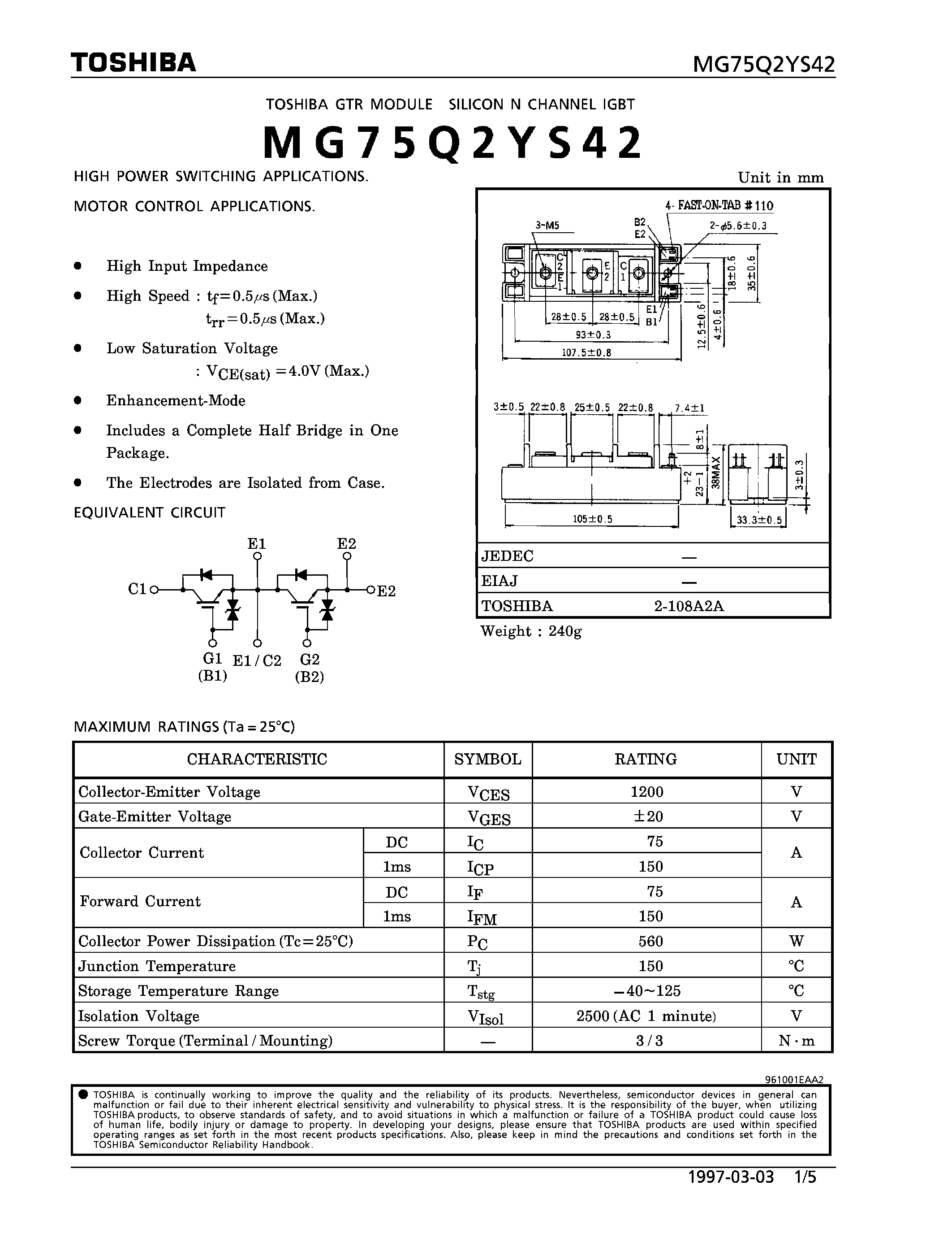 Datasheet MG75Q2YS42 - N CHANNEL IGBT (HIGH POWER SWITCHING / MOTOR CONTROL APPLICATIONS) page 1