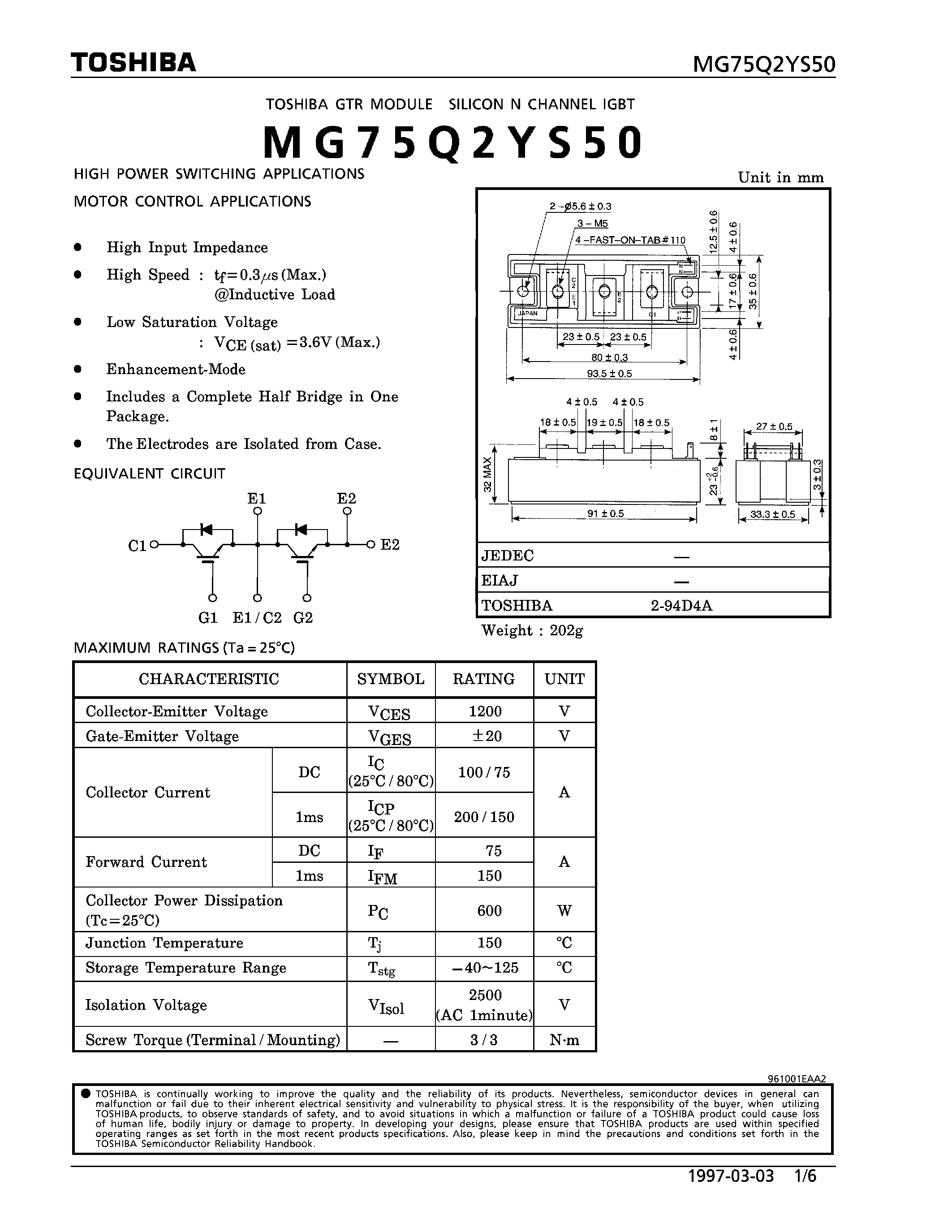 Datasheet MG75Q2YS50 - N CHANNEL IGBT (HIGH POWER SWITCHING / MOTOR CONTROL APPLICATIONS) page 1