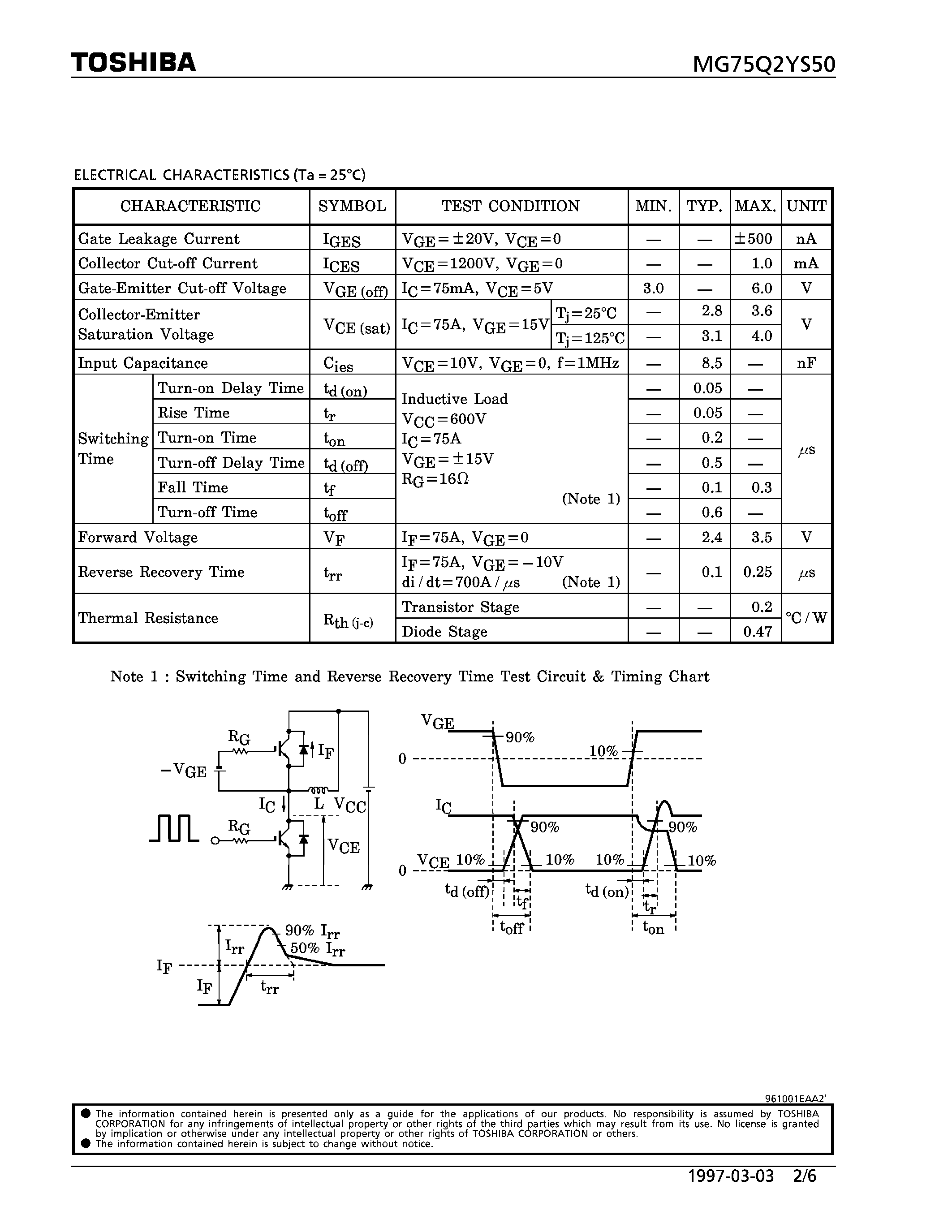 Datasheet MG75Q2YS50 - N CHANNEL IGBT (HIGH POWER SWITCHING / MOTOR CONTROL APPLICATIONS) page 2