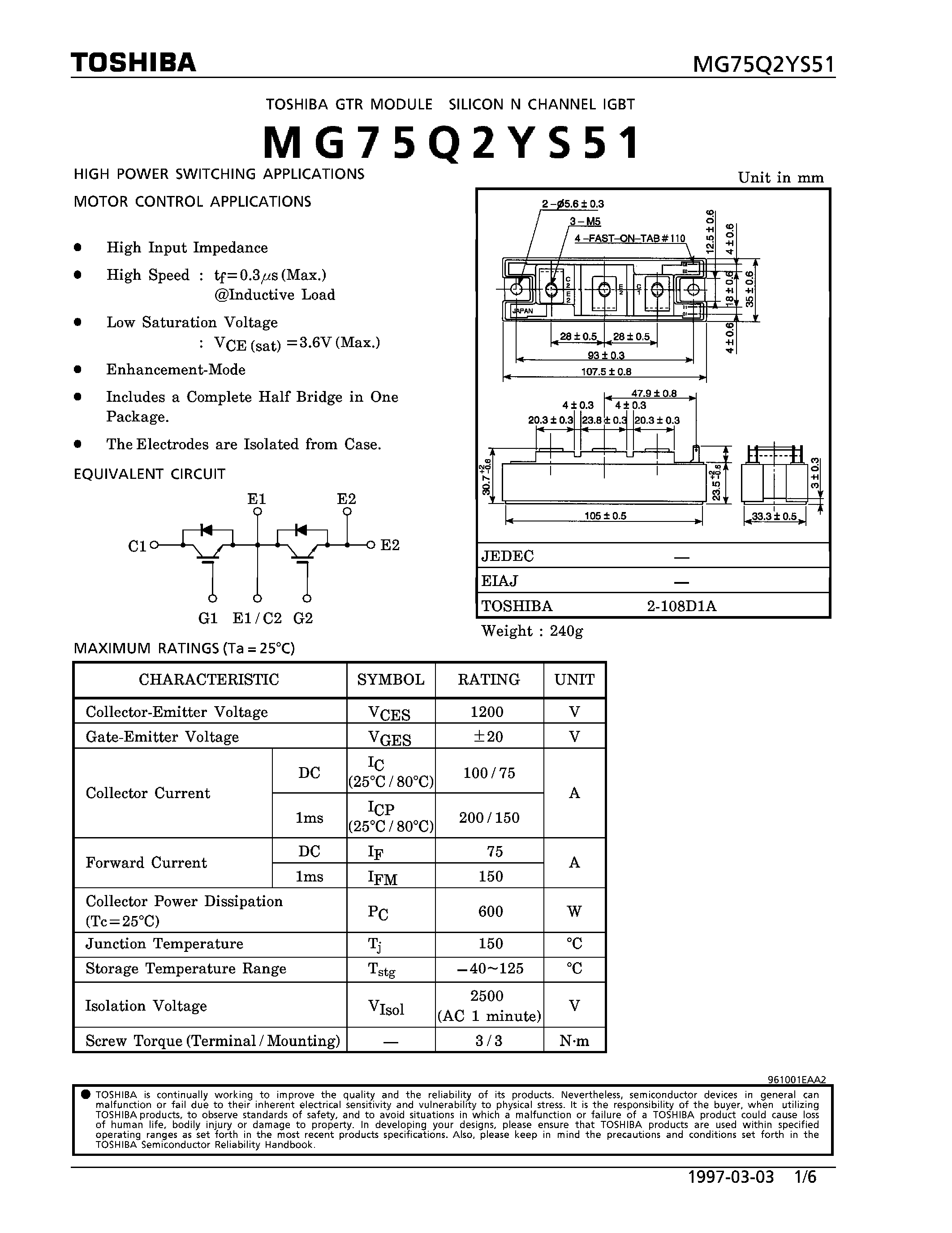 Datasheet MG75Q2YS51 - N CHANNEL IGBT (HIGH POWER SWITCHING / MOTOR CONTROL APPLICATIONS) page 1