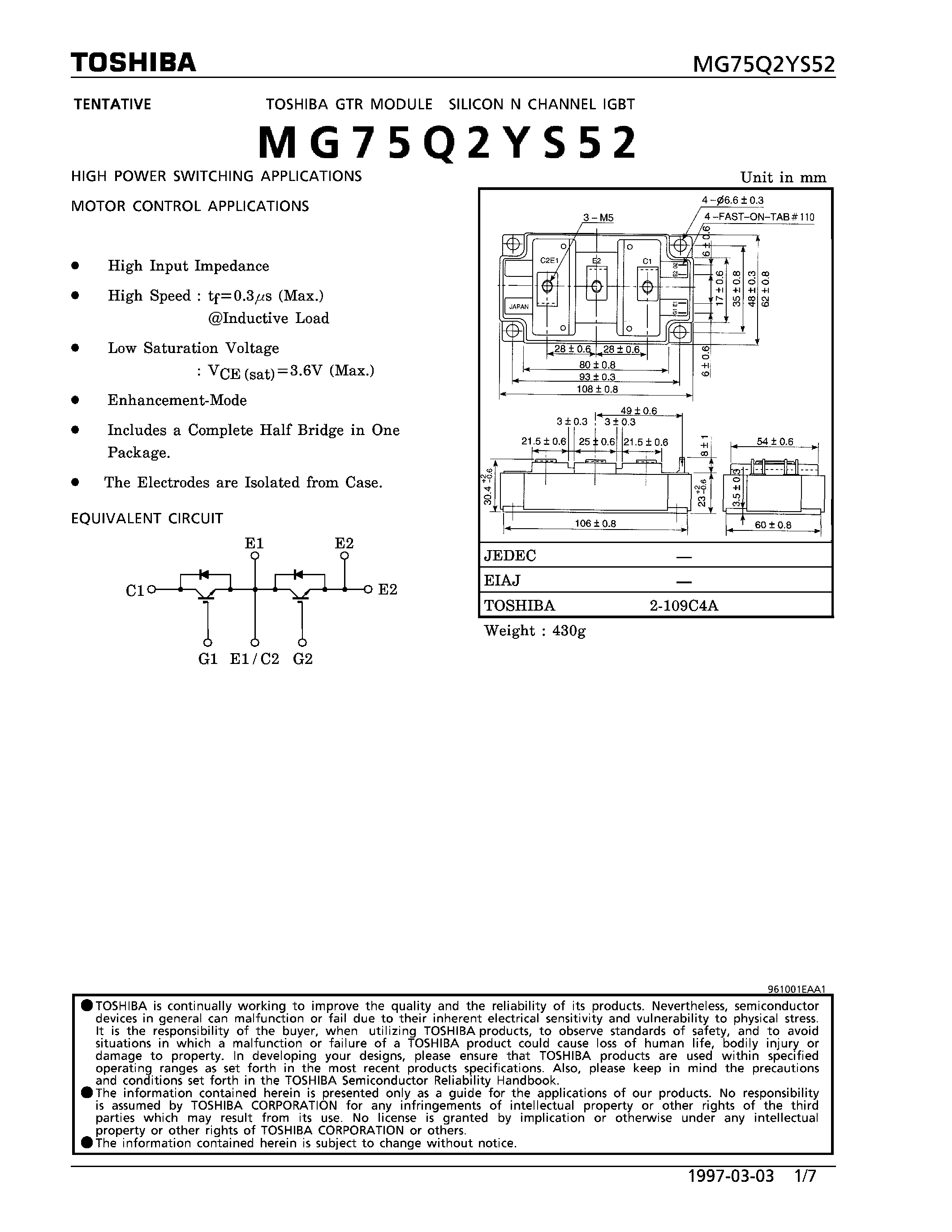 Datasheet MG75Q2YS52 - N CHANNEL IGBT (HIGH POWER SWITCHING / MOTOR CONTROL APPLICATIONS) page 1