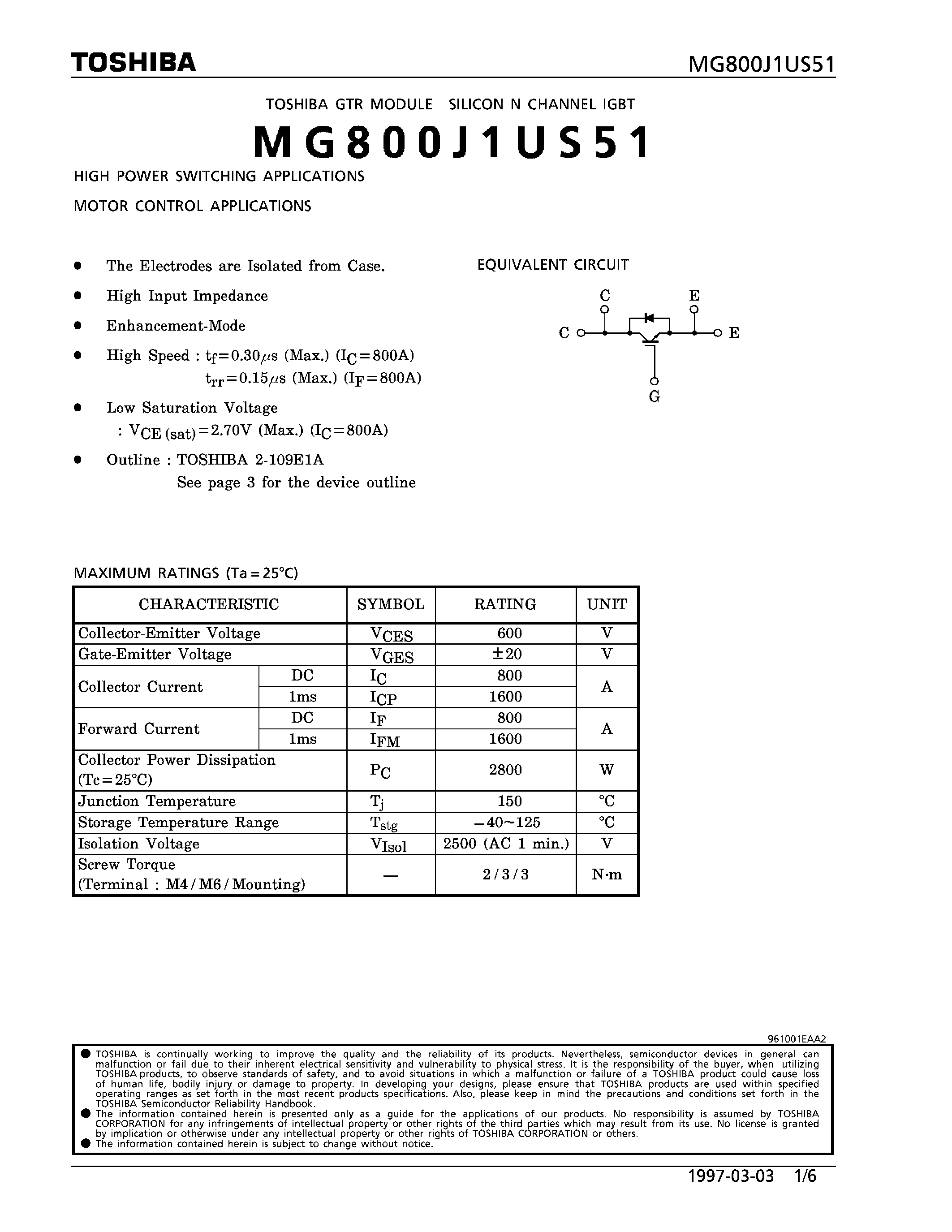 Datasheet MG800J1US51 - N CHANNEL IGBT (HIGH POWER SWITCHING / MOTOR CONTROL APPLICATIONS) page 1