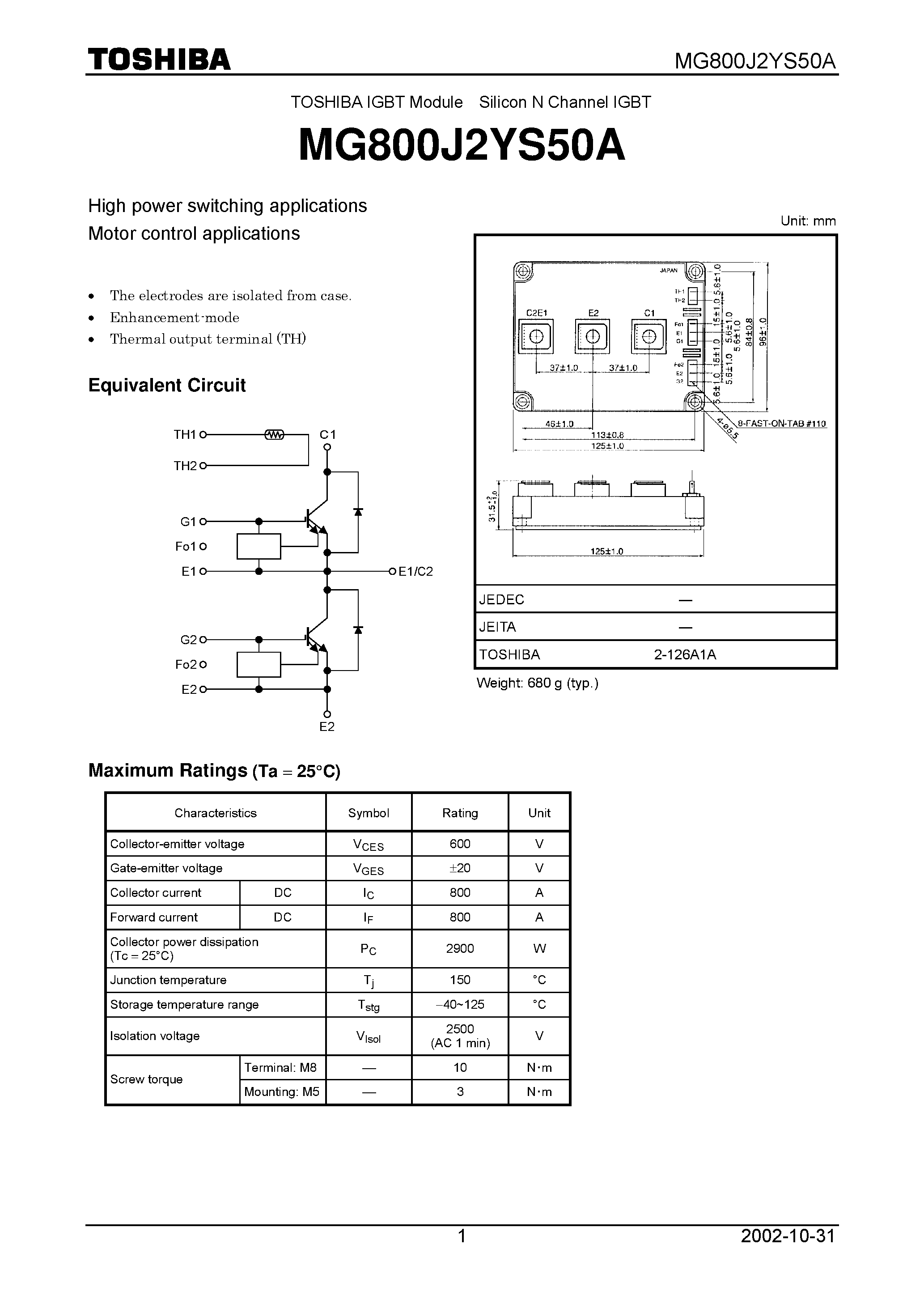 Datasheet MG800J2YS50A - TOSHIBA IGBT Module Silicon N Channel IGBT page 1