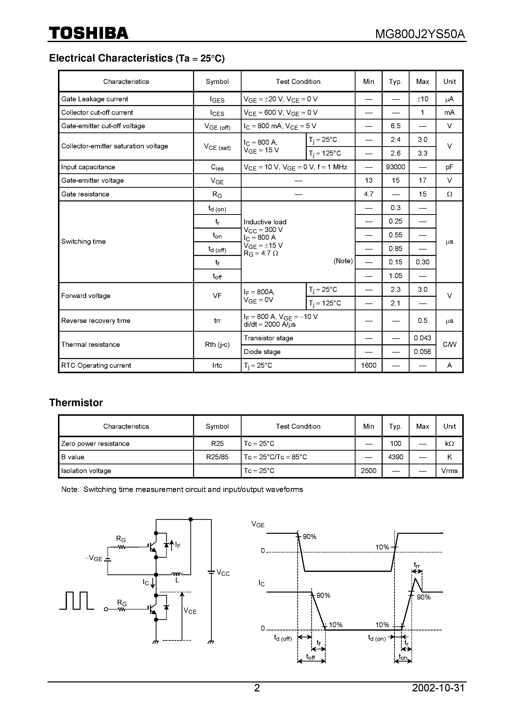 Datasheet MG800J2YS50A - TOSHIBA IGBT Module Silicon N Channel IGBT page 2