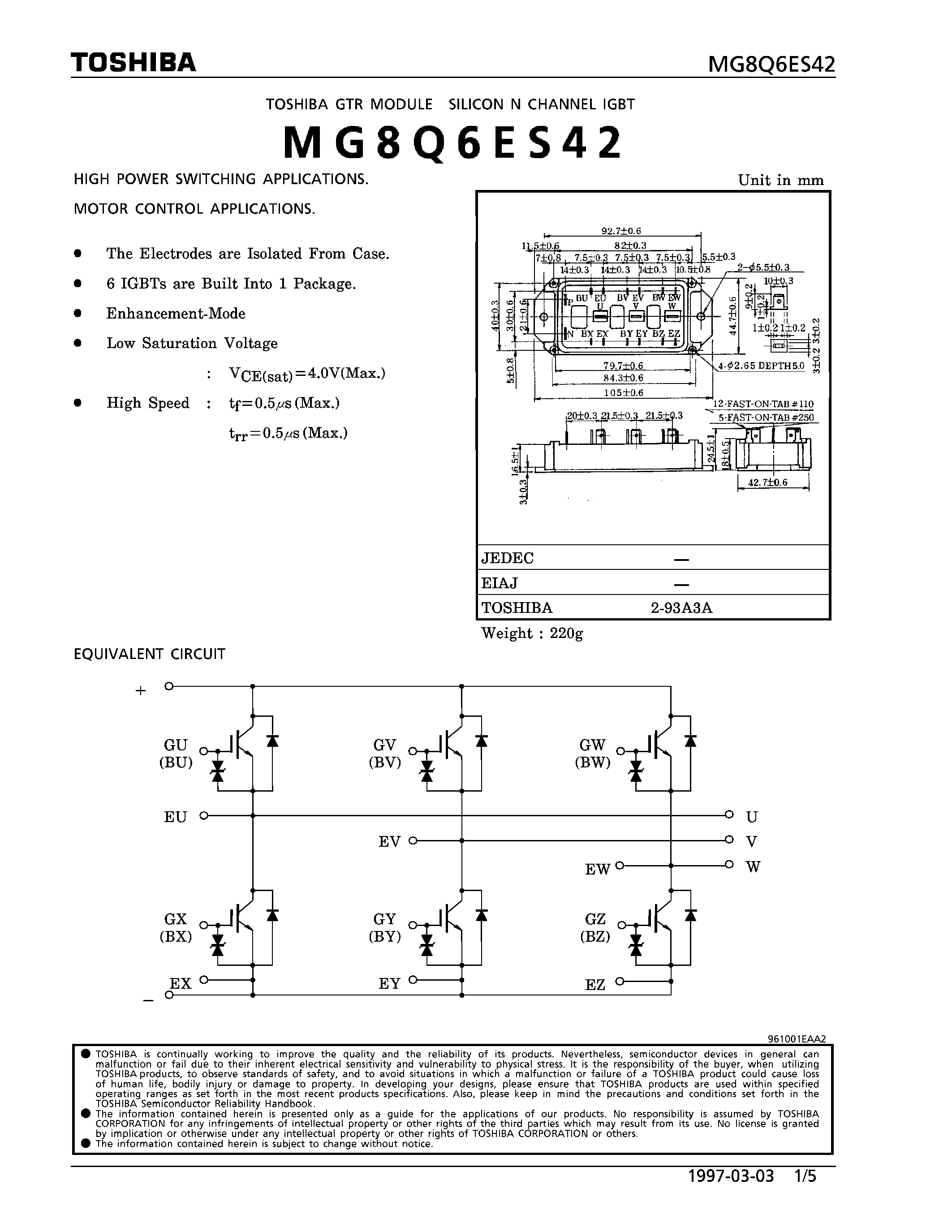 Datasheet MG8Q6ES42 - N CHANNEL IGBT (HIGH POWER SWITCHING / MOTOR CONTROL APPLICATIONS) page 1